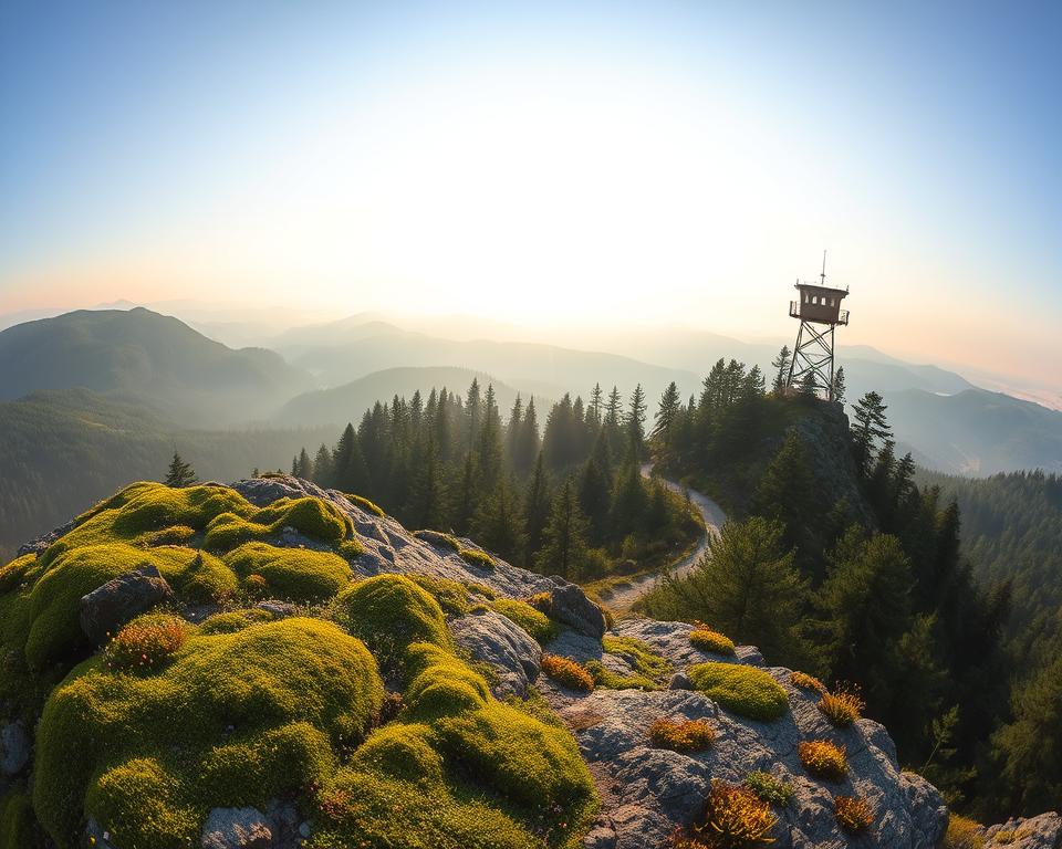 A panoramic view capturing the breathtaking landscapes of the Harz mountains from one of its stunning viewpoints. In the foreground, a rocky outcrop adorned with patches of vibrant green moss and wildflowers. In the middle ground, a winding forest path leads to a lookout tower, surrounded by lush coniferous trees, inviting hikers to explore. The background features rolling hills and distant mountain peaks shrouded in a soft, early morning mist, with the sun rising behind them, casting a warm golden glow across the scene. The atmosphere is tranquil and invigorating, evoking a sense of adventure. The image should be shot with a wide-angle lens to emphasize the expansive beauty of nature, ensuring a clear, crisp focus throughout with bright, natural lighting.