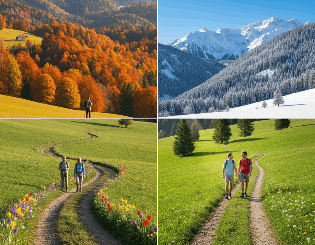A picturesque depiction of the Thierseetal valley through the four seasons, showcasing vibrant landscapes. In the foreground, a well-marked hiking trail winds through colorful wildflowers in spring, transitioning to lush green meadows in summer, with hikers in modest casual attire enjoying the scenery. The middle ground features autumn foliage with rich oranges and yellows, contrasting the distant snow-capped mountains of winter under a clear blue sky. Capture the warmth of the sun casting gentle shadows on the trail, using soft lighting. The perspective should be slightly elevated to incorporate panoramic views of the valley, evoking a sense of adventure and tranquility, inviting viewers to explore this stunning region throughout the year. A picturesque depiction of the Thierseetal valley through the four seasons, showcasing vibrant landscapes. In the foreground, a well-marked hiking trail winds through colorful wildflowers in spring, transitioning to lush green meadows in summer, with hikers in modest casual attire enjoying the scenery. The middle ground features autumn foliage with rich oranges and yellows, contrasting the distant snow-capped mountains of winter under a clear blue sky. Capture the warmth of the sun casting gentle shadows on the trail, using soft lighting. The perspective should be slightly elevated to incorporate panoramic views of the valley, evoking a sense of adventure and tranquility, inviting viewers to explore this stunning region throughout the year.
