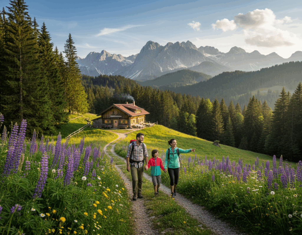 A picturesque family hike in Bavaria, showcasing joyful children walking along a scenic trail leading to Tutzinger Hütte. In the foreground, a diverse family of four—parents and two kids—dressed in comfortable hiking attire, happily exploring nature. In the middle ground, the winding path flanked by lush green forests and vibrant wildflowers, with gentle slopes that guide the eye towards the cozy wooden hut nestled in the hills. In the background, majestic mountains under a clear blue sky with soft white clouds. The warm, golden sunlight filters through the trees, creating a welcoming and serene atmosphere, evoking a sense of adventure and family togetherness in the great outdoors.