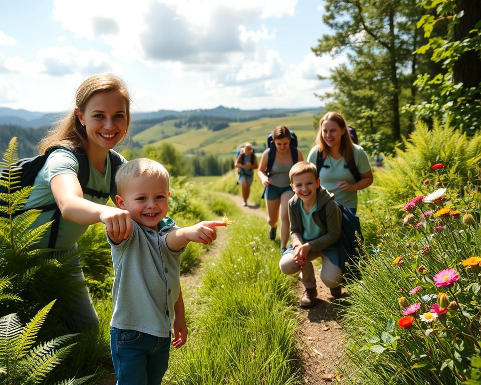 A picturesque family hiking scene in the Vulkaneifel region, featuring a cheerful group of adults and children dressed in casual outdoor clothing, exploring a lush green forest path. In the foreground, a smiling child points excitedly at a small wildflower, while an adult kneels beside them, offering encouragement. The middle ground reveals a winding trail flanked by dense ferns and vibrant wildflowers, with a few more family members enjoying the hike. In the background, gently rolling hills and the distinctive volcanic landscape of the Eifel, under a bright, sunny sky with fluffy white clouds. The lighting is warm and inviting, casting soft shadows that enhance the natural beauty of the scene. The overall mood is joyful and adventurous, capturing the essence of family bonding in nature.