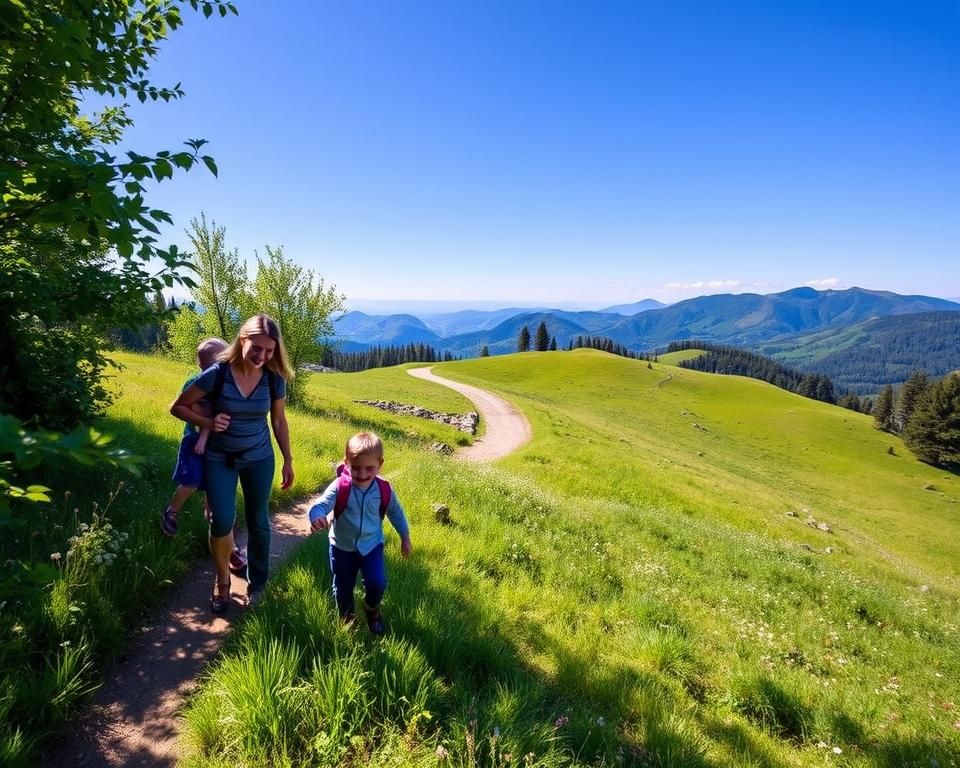 A picturesque family hiking scene on the Panoramaweg in the Südschwarzwald. In the foreground, a family of four, dressed in comfortable outdoor attire, is enjoying a leisurely hike. The children, a young boy and girl, are playfully exploring the lush greenery beside the trail, while the parents, a mother and father, share a smile. In the middle ground, the winding path leads through vibrant meadows dotted with wildflowers, with gently sloping hills in the background. The sunlight filters through the leaves, casting soft dappled shadows on the ground, creating a warm, inviting atmosphere. The background showcases the stunning Schwarzwald mountains under a clear blue sky, enhancing the scenic beauty of the landscape, evoking a sense of adventure and family bonding in nature.