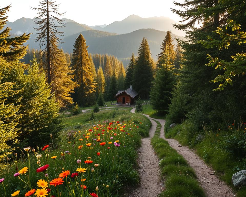 A picturesque hiking trail in the Harz mountains, showcasing lush greenery and vibrant wildflowers in the foreground. The winding path leads through dense, tranquil forests under a soft, dappled sunlight filter, creating a warm, inviting atmosphere. In the middle ground, a charming wooden cabin can be seen, surrounded by towering trees, serving as a perfect base for hikers. The background features the stunning Harz mountain range, with peaks partially shrouded in mist, hinting at the adventure that awaits. The scene is captured during golden hour to enhance the natural colors and add a serene ambiance. The angle should evoke a sense of exploration, drawing viewers into this scenic landscape.