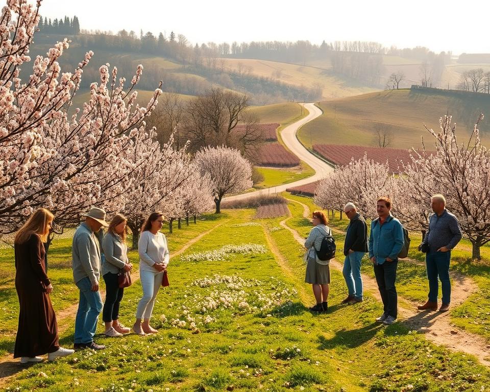 A picturesque landscape in the Pfalz region during almond blossom season, featuring rows of delicate pink almond trees in full bloom. In the foreground, a diverse group of environmentally-conscious travelers, dressed in modest casual attire, pause to admire the scenic beauty while engaging in sustainable practices, such as picking fallen blossoms gently from the ground. In the middle ground, gently rolling hills are dotted with clusters of vibrant floral patches and a winding, unpaved path that invites exploration. In the background, soft sunlight filters through the trees, casting warm golden hues over the landscape, creating an enchanting and serene atmosphere. The composition is captured from a slightly elevated angle, providing an expansive view that highlights both the natural beauty and the concept of responsible enjoyment of nature. A picturesque landscape in the Pfalz region during almond blossom season, featuring rows of delicate pink almond trees in full bloom. In the foreground, a diverse group of environmentally-conscious travelers, dressed in modest casual attire, pause to admire the scenic beauty while engaging in sustainable practices, such as picking fallen blossoms gently from the ground. In the middle ground, gently rolling hills are dotted with clusters of vibrant floral patches and a winding, unpaved path that invites exploration. In the background, soft sunlight filters through the trees, casting warm golden hues over the landscape, creating an enchanting and serene atmosphere. The composition is captured from a slightly elevated angle, providing an expansive view that highlights both the natural beauty and the concept of responsible enjoyment of nature.