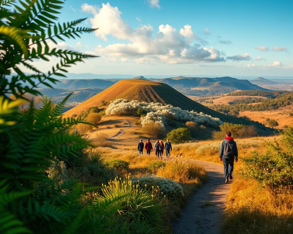 A picturesque landscape of the Vulkaneifel region during the best hiking season. In the foreground, vibrant green ferns and wildflowers frame a winding trail. The middle ground features a majestic, gently sloping volcanic hill with patches of blooming trees, while groups of hikers in modest casual clothing stroll along the path, enjoying the scenery. In the background, rolling hills and distant volcanic craters are bathed in warm, golden sunlight, suggesting a serene autumn afternoon. The sky is a clear blue with soft, fluffy clouds, creating a tranquil atmosphere. The image should have a soft focus effect to evoke a sense of peace and adventure, capturing the essence of nature exploration in Vulkaneifel.