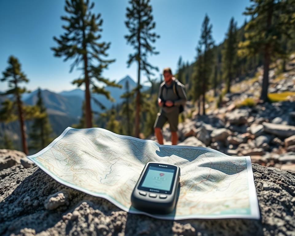 A picturesque mountain hiking scene featuring a detailed offline hiking map and a GPS device resting on a rocky surface in the foreground. The map should display contour lines and trails, while the GPS screen shows a location marker. In the middle ground, a calm hiker dressed in casual outdoor attire studies the map, surrounded by tall pine trees and rugged mountain terrain. The background reveals majestic peaks under a clear blue sky, with soft sunlight casting gentle shadows that enhance the textures of the landscape. The atmosphere is serene and adventurous, suggesting the excitement of planning a hiking tour. Use natural lighting to evoke a sense of exploration and tranquility, with a slightly elevated angle to capture the depth and beauty of the scene.