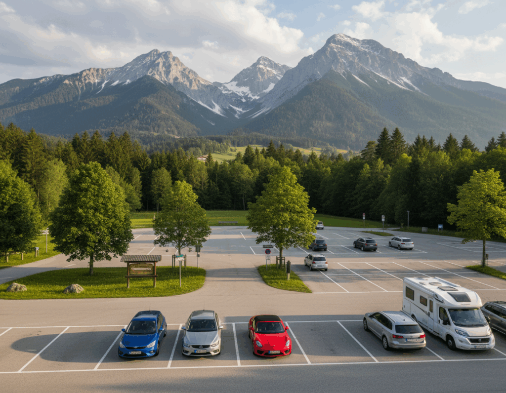 A picturesque parking area in Farchant, surrounded by lush greenery with the majestic Alps in the background. In the foreground, several parked cars are neatly aligned, showcasing different vehicle types, from family cars to sports utility vehicles. The middle ground features a well-maintained parking lot with clearly marked spots and signs indicating local attractions. Soft, natural light bathes the scene, creating a serene and inviting atmosphere, ideal for outdoor visitors. The photo is taken with a wide-angle lens, emphasizing both the spaciousness of the parking area and the breathtaking mountain vistas in the background. Overall, the mood is peaceful and welcoming, conveying a practical tip for visitors looking to explore the scenic beauty of Farchant. A picturesque parking area in Farchant, surrounded by lush greenery with the majestic Alps in the background. In the foreground, several parked cars are neatly aligned, showcasing different vehicle types, from family cars to sports utility vehicles. The middle ground features a well-maintained parking lot with clearly marked spots and signs indicating local attractions. Soft, natural light bathes the scene, creating a serene and inviting atmosphere, ideal for outdoor visitors. The photo is taken with a wide-angle lens, emphasizing both the spaciousness of the parking area and the breathtaking mountain vistas in the background. Overall, the mood is peaceful and welcoming, conveying a practical tip for visitors looking to explore the scenic beauty of Farchant.