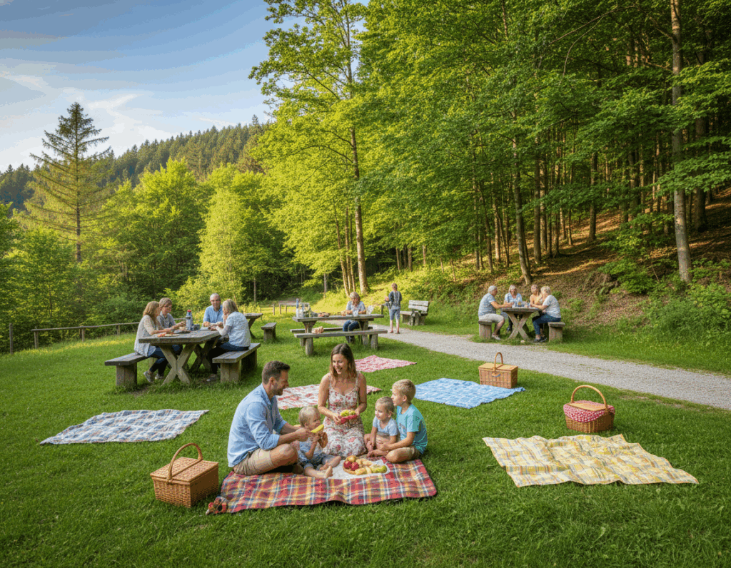 A picturesque picnic area along the Walderlebnispfad in Farchant, showcasing vibrant green grass dotted with colorful picnic blankets and baskets. In the foreground, a family enjoys a leisurely meal on one of the blankets, all dressed in modest casual clothing, smiling and sharing food with lush forest trees surrounding them. The middle ground reveals well-maintained wooden picnic tables, with individuals chatting and enjoying refreshments. The sun filters through the leaves, casting dappled light patterns on the ground, creating a warm, inviting atmosphere. In the background, the forest extends into a gentle hillside, with soft sunlight illuminating the natural beauty of the area. A clear blue sky adds to the serene outdoor ambiance. Captured with a wide-angle lens to encompass the entire scene, reflecting a perfect day for relaxation in nature. A picturesque picnic area along the Walderlebnispfad in Farchant, showcasing vibrant green grass dotted with colorful picnic blankets and baskets. In the foreground, a family enjoys a leisurely meal on one of the blankets, all dressed in modest casual clothing, smiling and sharing food with lush forest trees surrounding them. The middle ground reveals well-maintained wooden picnic tables, with individuals chatting and enjoying refreshments. The sun filters through the leaves, casting dappled light patterns on the ground, creating a warm, inviting atmosphere. In the background, the forest extends into a gentle hillside, with soft sunlight illuminating the natural beauty of the area. A clear blue sky adds to the serene outdoor ambiance. Captured with a wide-angle lens to encompass the entire scene, reflecting a perfect day for relaxation in nature.