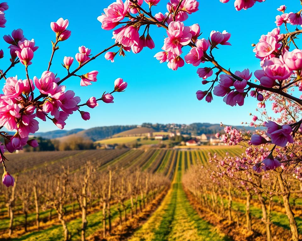 A picturesque scene along the Deutsche Weinstraße during the almond blossom season. In the foreground, vibrant pink almond blossoms adorn the branches of trees, creating a stunning contrast against a clear blue sky. The middle ground features gently rolling vineyards, with lines of green grapevines stretching towards the horizon, interspersed with blossoming almond trees. In the background, a small, charming village is nestled amid the hills, its traditional German architecture adding a quaint touch to the landscape. The lighting is soft and warm, suggesting early morning, casting a golden hue over the scene. The atmosphere is serene and enchanting, evoking a sense of wonder and beauty, perfect for celebrating the fleeting magic of the almond blossoms in Pfalz. A picturesque scene along the Deutsche Weinstraße during the almond blossom season. In the foreground, vibrant pink almond blossoms adorn the branches of trees, creating a stunning contrast against a clear blue sky. The middle ground features gently rolling vineyards, with lines of green grapevines stretching towards the horizon, interspersed with blossoming almond trees. In the background, a small, charming village is nestled amid the hills, its traditional German architecture adding a quaint touch to the landscape. The lighting is soft and warm, suggesting early morning, casting a golden hue over the scene. The atmosphere is serene and enchanting, evoking a sense of wonder and beauty, perfect for celebrating the fleeting magic of the almond blossoms in Pfalz.