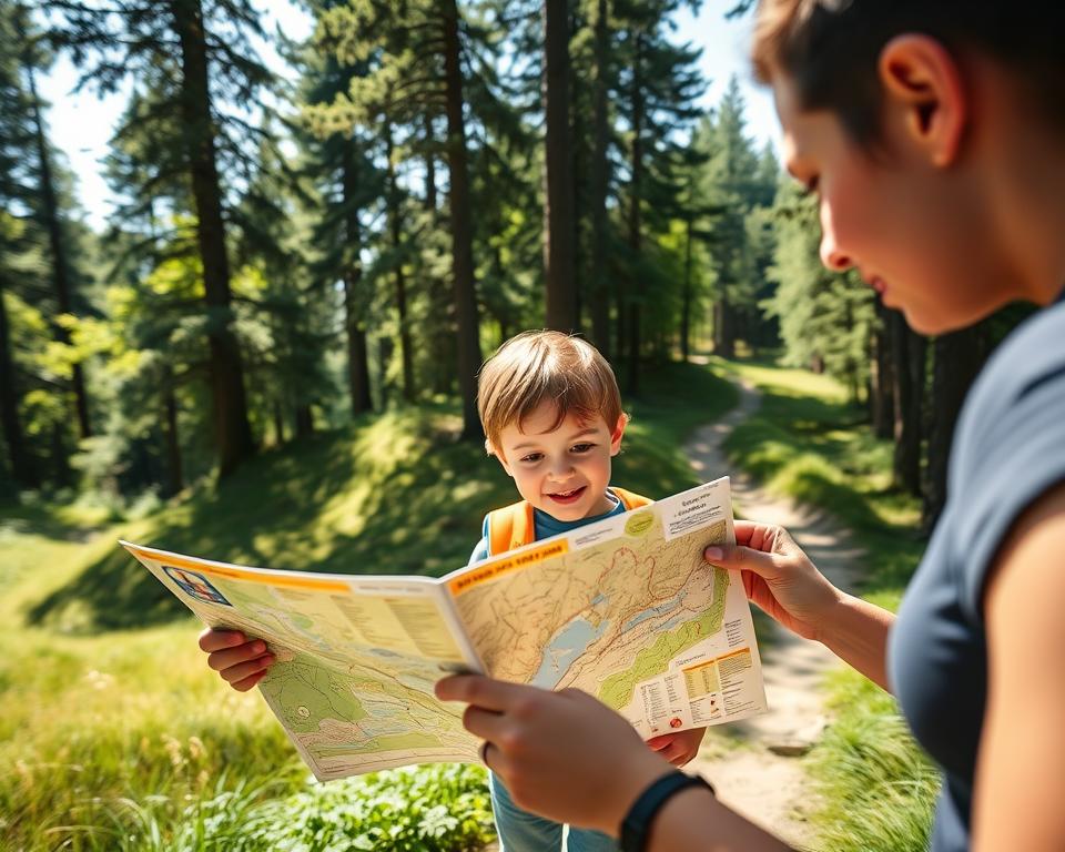 A picturesque scene in the Black Forest, capturing a family selecting a child-friendly hiking trail. In the foreground, a parent and child are studying a colorful trail map, the child wearing a bright backpack and playful attire, full of wonder. In the middle ground, the lush greenery of the forest surrounds them, with gentle hills and a winding path visible. The background features towering trees, dappled sunlight filtering through the leaves, creating an inviting atmosphere. The mood is cheerful and adventurous, evoking a sense of exploration. The lighting is warm, suggesting a sunny day, with soft shadows enhancing the tranquility of the environment. The camera is positioned at eye level, drawing viewers into this serene outdoor experience.