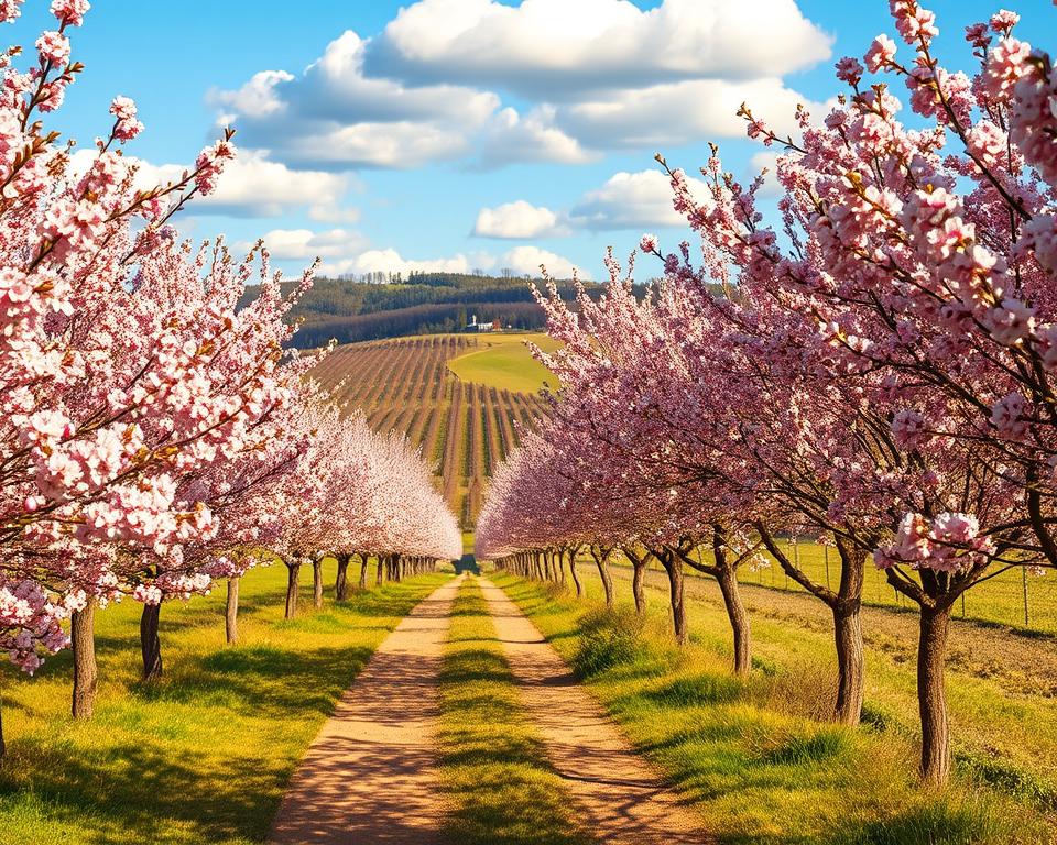 A picturesque scene in the Pfalz region during the Mandelblüte, showcasing blooming almond trees in vibrant shades of pink and white. In the foreground, a gentle pathway lined with blossoming almond trees leads the viewer's eye, inviting exploration. The middle ground features rolling hills dotted with vineyards, bathed in soft, warm sunlight, creating a serene atmosphere. In the background, a clear blue sky with fluffy white clouds completes the idyllic landscape. The lighting is golden, suggesting either early morning or late afternoon, enhancing the colors of the blossoms. Capture this delightful moment from a slightly elevated angle to provide depth, evoking a sense of tranquility and wonder at the beauty of nature. A picturesque scene in the Pfalz region during the Mandelblüte, showcasing blooming almond trees in vibrant shades of pink and white. In the foreground, a gentle pathway lined with blossoming almond trees leads the viewer's eye, inviting exploration. The middle ground features rolling hills dotted with vineyards, bathed in soft, warm sunlight, creating a serene atmosphere. In the background, a clear blue sky with fluffy white clouds completes the idyllic landscape. The lighting is golden, suggesting either early morning or late afternoon, enhancing the colors of the blossoms. Capture this delightful moment from a slightly elevated angle to provide depth, evoking a sense of tranquility and wonder at the beauty of nature.