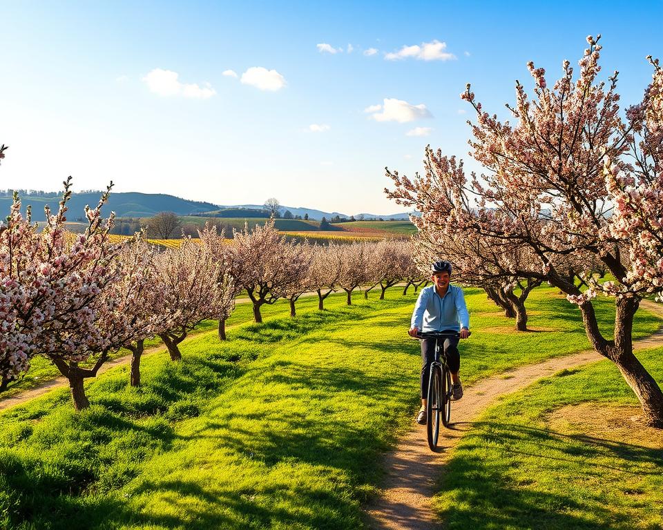 A picturesque scene of a cycling tour during the Mandelblüte in the Pfalz region. In the foreground, a cyclist in casual clothing rides along a winding path bordered by blooming almond trees, their delicate pink flowers vibrant against the lush green grass. In the middle ground, rows of vineyards stretch out, their leaves glimmering in the soft golden light, creating a warm, inviting atmosphere. The background features gentle hills under a clear blue sky, with a few fluffy clouds lazily drifting by, enhancing the serenity of the landscape. The scene is infused with the mood of adventure and joy, capturing the essence of springtime exploration amidst the stunning beauty of nature. A picturesque scene of a cycling tour during the Mandelblüte in the Pfalz region. In the foreground, a cyclist in casual clothing rides along a winding path bordered by blooming almond trees, their delicate pink flowers vibrant against the lush green grass. In the middle ground, rows of vineyards stretch out, their leaves glimmering in the soft golden light, creating a warm, inviting atmosphere. The background features gentle hills under a clear blue sky, with a few fluffy clouds lazily drifting by, enhancing the serenity of the landscape. The scene is infused with the mood of adventure and joy, capturing the essence of springtime exploration amidst the stunning beauty of nature.