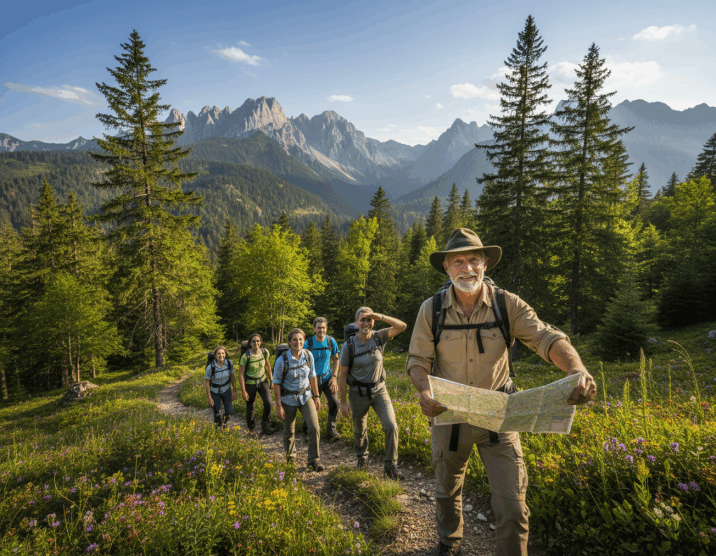 A picturesque scene of a guided hike in the Thierseetal region, featuring a group of diverse hikers in modest casual clothing, climbing a lush, green mountain trail. In the foreground, a local hiking guide is enthusiastically pointing out a scenic viewpoint, with a map in hand. The middle ground showcases the hikers' expressions of joy and exploration, surrounded by vibrant wildflowers and tall trees. In the background, majestic mountains rise under a clear blue sky, with soft sunlight illuminating the rugged terrain. The image conveys a sense of adventure and camaraderie, capturing the essence of being guided through the beautiful wilderness of Thierseetal. Opt for a wide-angle perspective to encompass the stunning landscape, with warm, inviting lighting to enhance the atmosphere. A picturesque scene of a guided hike in the Thierseetal region, featuring a group of diverse hikers in modest casual clothing, climbing a lush, green mountain trail. In the foreground, a local hiking guide is enthusiastically pointing out a scenic viewpoint, with a map in hand. The middle ground showcases the hikers' expressions of joy and exploration, surrounded by vibrant wildflowers and tall trees. In the background, majestic mountains rise under a clear blue sky, with soft sunlight illuminating the rugged terrain. The image conveys a sense of adventure and camaraderie, capturing the essence of being guided through the beautiful wilderness of Thierseetal. Opt for a wide-angle perspective to encompass the stunning landscape, with warm, inviting lighting to enhance the atmosphere.