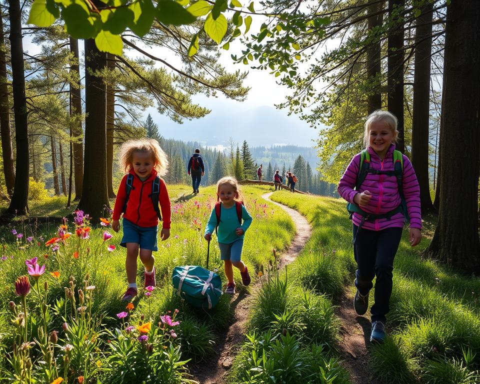 A picturesque scene of a half-day hike with elementary school children, showcasing their adventurous spirit in the scenic Southern Black Forest. In the foreground, a group of three children, wearing colorful, modest hiking attire, enthusiastically explore a lush green trail, alongside a cheerful adult guide. The middle ground features a mix of vibrant wildflowers and a winding path leading deeper into the forest. In the background, towering trees and distant mist-covered hills create a tranquil, immersive atmosphere. Soft sunlight filters through the leaves, casting gentle dappled shadows on the ground, enhancing the feeling of exploration and discovery. The overall mood is joyful and adventurous, embodying the essence of family-friendly outdoor activities in nature.