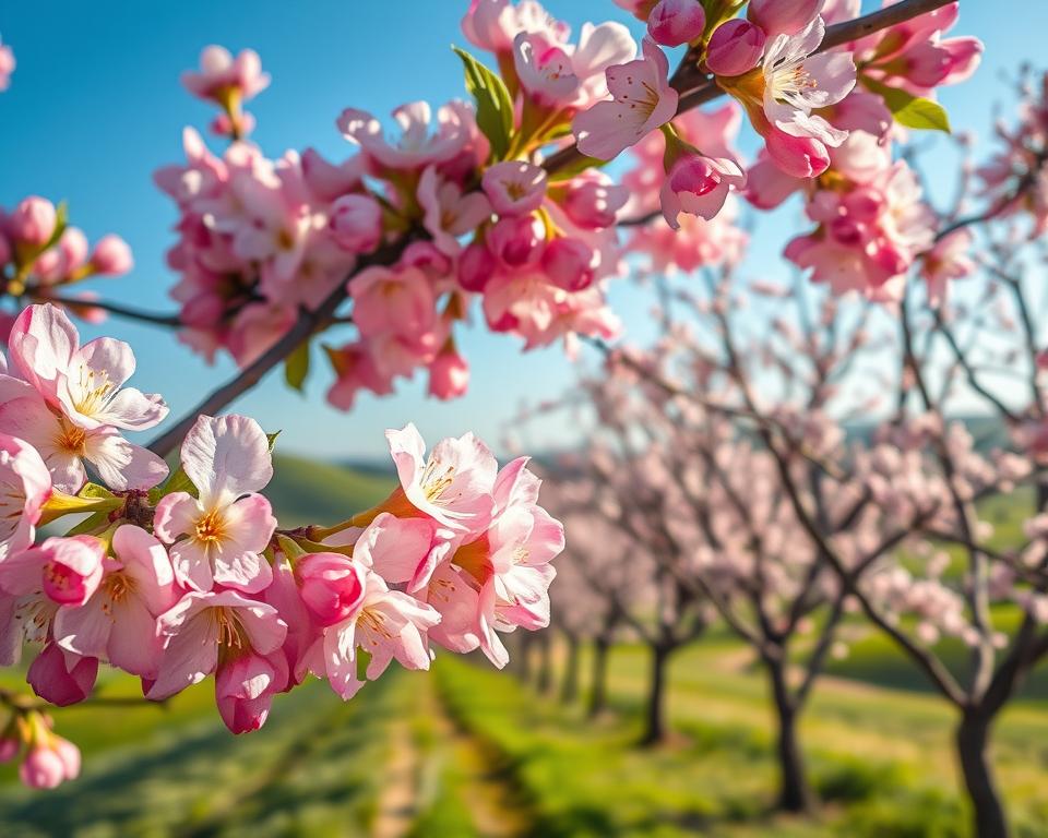 A picturesque scene of blooming almond trees in the Pfalz region, showcasing vibrant clusters of delicate pink and white flowers. In the foreground, a close-up of fresh, dew-kissed petals glistening in the morning light, highlighting the intricate details of the blossoms. The middle ground features a row of almond trees, their branches gracefully arching overhead, creating a soft canopy of blossoms that filters the sunlight. In the background, rolling hills covered with lush greenery complete the serene landscape under a clear blue sky. The overall atmosphere is tranquil and inviting, evoking a sense of wonder and joy at the beauty of spring. Soft, natural lighting enhances the vivid colors, giving a magical quality to the scene. A picturesque scene of blooming almond trees in the Pfalz region, showcasing vibrant clusters of delicate pink and white flowers. In the foreground, a close-up of fresh, dew-kissed petals glistening in the morning light, highlighting the intricate details of the blossoms. The middle ground features a row of almond trees, their branches gracefully arching overhead, creating a soft canopy of blossoms that filters the sunlight. In the background, rolling hills covered with lush greenery complete the serene landscape under a clear blue sky. The overall atmosphere is tranquil and inviting, evoking a sense of wonder and joy at the beauty of spring. Soft, natural lighting enhances the vivid colors, giving a magical quality to the scene.