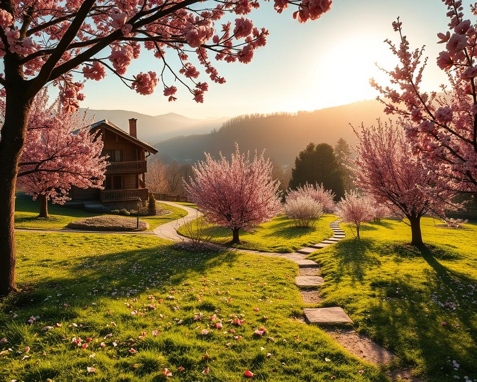 A picturesque scene of the Pfalz region during the almond blossom season, showcasing a tranquil countryside accommodation nestled among vibrant pink almond trees in full bloom. In the foreground, lush green grass dotted with delicate petals, while charming pathways meander through the blossoms. The middle ground features a cozy, rustic guesthouse with wooden beams and a quaint balcony, inviting guests to savor the view. In the background, rolling hills covered with a soft mist, bathed in warm, golden sunlight of early morning, creating a serene and dreamy atmosphere. The scene should evoke a sense of peace and beauty, ideal for experiencing the wonder of the almond blossoms. Focus on a soft focus with natural lighting, using a wide-angle lens to capture the expansive landscape. A picturesque scene of the Pfalz region during the almond blossom season, showcasing a tranquil countryside accommodation nestled among vibrant pink almond trees in full bloom. In the foreground, lush green grass dotted with delicate petals, while charming pathways meander through the blossoms. The middle ground features a cozy, rustic guesthouse with wooden beams and a quaint balcony, inviting guests to savor the view. In the background, rolling hills covered with a soft mist, bathed in warm, golden sunlight of early morning, creating a serene and dreamy atmosphere. The scene should evoke a sense of peace and beauty, ideal for experiencing the wonder of the almond blossoms. Focus on a soft focus with natural lighting, using a wide-angle lens to capture the expansive landscape.