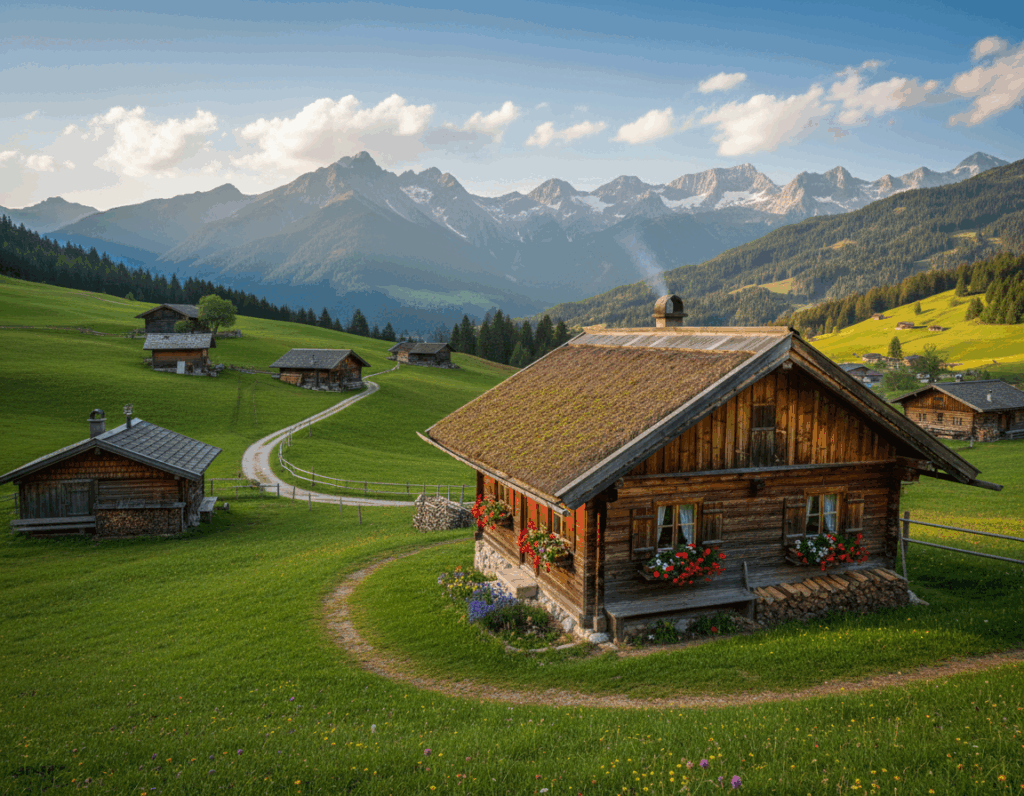 A picturesque scene of traditional alpine huts (Almhütten) nestled in the Thierseetal valley, surrounded by lush green meadows and majestic mountains. In the foreground, a rustic wooden hut with a thatched roof, adorned with vibrant flower boxes. In the middle ground, additional cozy huts dot the landscape, connected by winding trails. The background features towering, snow-capped peaks under a clear blue sky with fluffy white clouds. The scene is bathed in warm, golden sunlight creating a serene and inviting atmosphere. Capture this idyllic rural setting with a focus on natural beauty and tranquility, shot from a slightly elevated angle to showcase the expansive view of the valley. No people in the scene, ensuring an undisturbed, peaceful environment. A picturesque scene of traditional alpine huts (Almhütten) nestled in the Thierseetal valley, surrounded by lush green meadows and majestic mountains. In the foreground, a rustic wooden hut with a thatched roof, adorned with vibrant flower boxes. In the middle ground, additional cozy huts dot the landscape, connected by winding trails. The background features towering, snow-capped peaks under a clear blue sky with fluffy white clouds. The scene is bathed in warm, golden sunlight creating a serene and inviting atmosphere. Capture this idyllic rural setting with a focus on natural beauty and tranquility, shot from a slightly elevated angle to showcase the expansive view of the valley. No people in the scene, ensuring an undisturbed, peaceful environment.