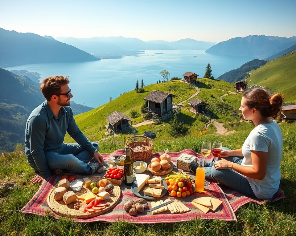 A picturesque scene showcasing "Genusswandern" at Lake Como, featuring lush green hills and winding hiking paths. In the foreground, a couple in modest casual clothing enjoys a gourmet picnic spread with local delicacies like cheeses, cured meats, and fresh fruits, set on a colorful woven blanket. In the middle ground, charming wooden huts and vibrant wildflowers punctuate the hiking trail, inviting exploration. The background reveals the stunning blue waters of Lake Como, bordered by majestic mountains under a soft golden sunlight. The atmosphere is warm and inviting, evoking a sense of culinary adventure and peaceful outdoor enjoyment. The composition is slightly angled to capture the depth, with a focus on the picnic scene, ensuring a harmonious blend of nature and culture.