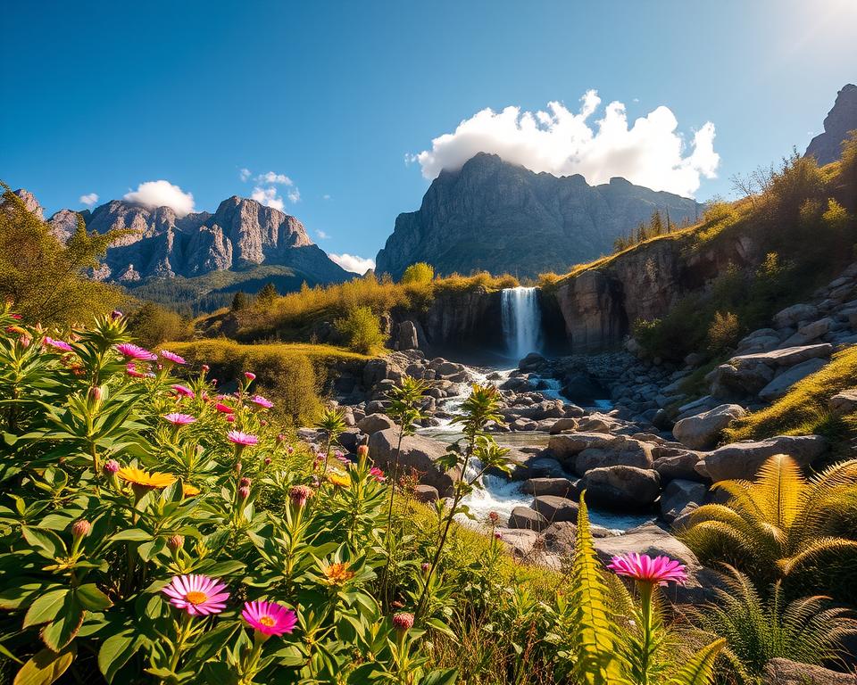 A picturesque scene showcasing "Naturbeobachtung Farchant" with an emphasis on the stunning Kuhfluchtwasserfälle. In the foreground, lush green vegetation with diverse flora, including vibrant wildflowers and ferns, captures the essence of the local ecosystem. The middle ground features the majestic waterfall cascading down rocky cliffs, surrounded by smooth boulders and the gentle flow of water pooling at its base. In the background, the towering Bavarian Alps rise sharply against a clear blue sky, with soft clouds gently floating above. The scene is bathed in warm, golden sunlight, creating a serene and inviting atmosphere. The angle captures the grandeur of the landscape, highlighting both the geological formations and the rich biodiversity.