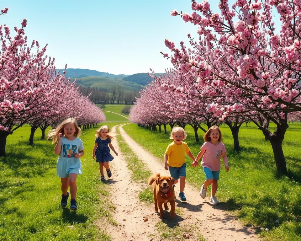 A picturesque spring scene in the Pfalz region of Germany during the almond blossom season. In the foreground, joyful children wearing colorful, casual clothing are playing and exploring amidst vibrant pink almond trees in full bloom, their laughter filling the air. A friendly dog plays nearby, adding an element of warmth. In the middle ground, a charming dirt path winds through the lush landscape, inviting families to stroll and enjoy the blossoms. In the background, rolling hills and blue skies enhance the serene atmosphere, the sunlight softly illuminating the blossoms, creating a dreamy effect. Emphasize a sense of family bonding and outdoor adventure, capturing the essence of spring joy and connection with nature. A picturesque spring scene in the Pfalz region of Germany during the almond blossom season. In the foreground, joyful children wearing colorful, casual clothing are playing and exploring amidst vibrant pink almond trees in full bloom, their laughter filling the air. A friendly dog plays nearby, adding an element of warmth. In the middle ground, a charming dirt path winds through the lush landscape, inviting families to stroll and enjoy the blossoms. In the background, rolling hills and blue skies enhance the serene atmosphere, the sunlight softly illuminating the blossoms, creating a dreamy effect. Emphasize a sense of family bonding and outdoor adventure, capturing the essence of spring joy and connection with nature.