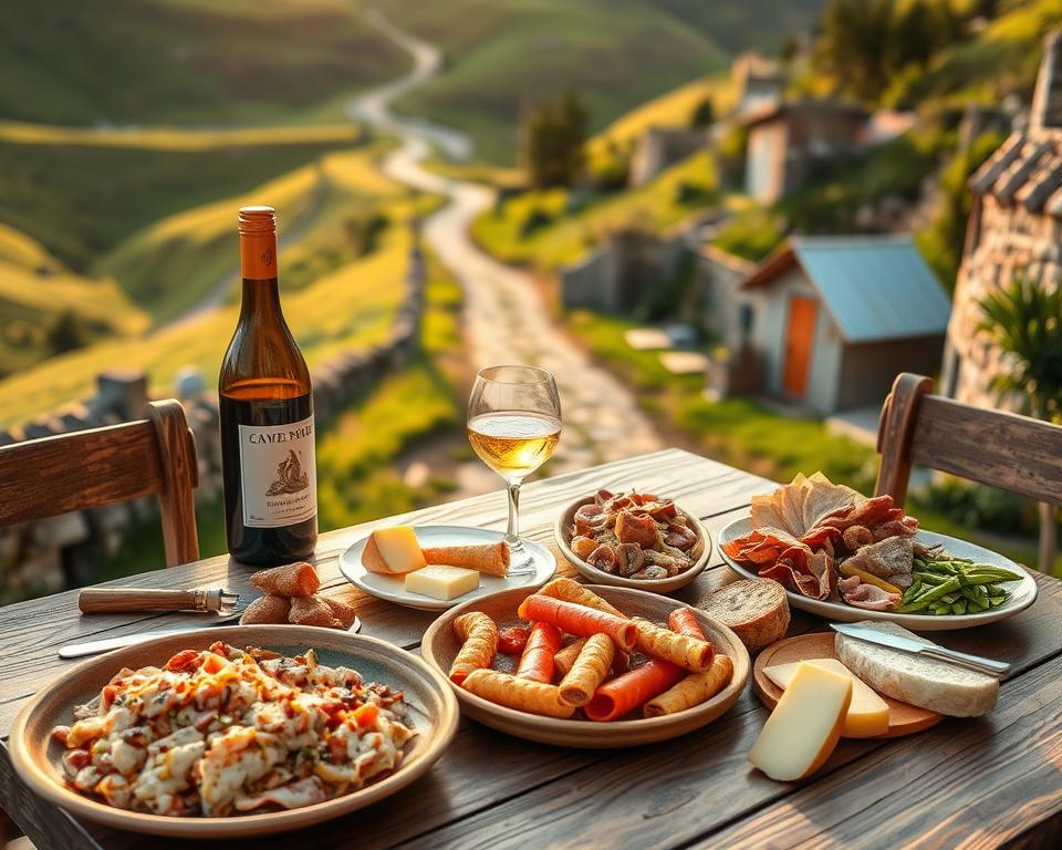 A picturesque table set along the Camino Portugues, showcasing a delightful array of traditional Portuguese dishes. In the foreground, a rustic wooden table is adorned with vibrant plates of bacalhau à brás, pães de milho, and a selection of local cheeses and cured meats. A bottle of fine Portuguese wine stands ready to accompany the meal, its glass glistening in the warm sunlight. In the middle background, a winding path through lush green hills and charming stone cottages evokes the essence of the pilgrimage. Soft, golden hour lighting casts a warm and inviting glow over the scene, enhancing the rich colors of the food. The atmosphere is serene and inviting, encouraging a sense of exploration and culinary adventure along the journey.