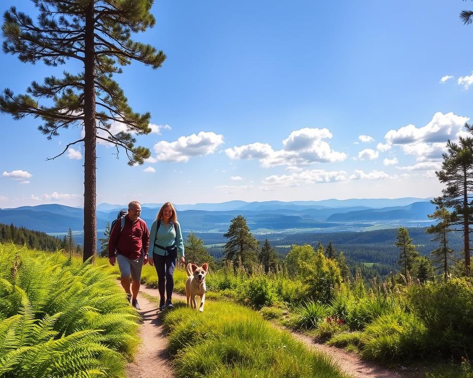 A picturesque trail in the South Black Forest, ideal for hiking families. In the foreground, a well-maintained path lined with vibrant green ferns and wildflowers. A family of four, dressed in modest outdoor clothing, is walking together with smiles, accompanied by their playful dog. In the middle ground, majestic pine trees rise up, creating a dappled light effect as sunlight filters through the leaves. The background showcases a panoramic view of rolling hills and distant mountains under a bright blue sky with a few fluffy clouds, evoking a feeling of tranquility and adventure. The atmosphere is cheerful and inviting, perfect for a day of outdoor exploration in the beautiful German countryside. Use soft, natural lighting to enhance the serene mood of the landscape.
