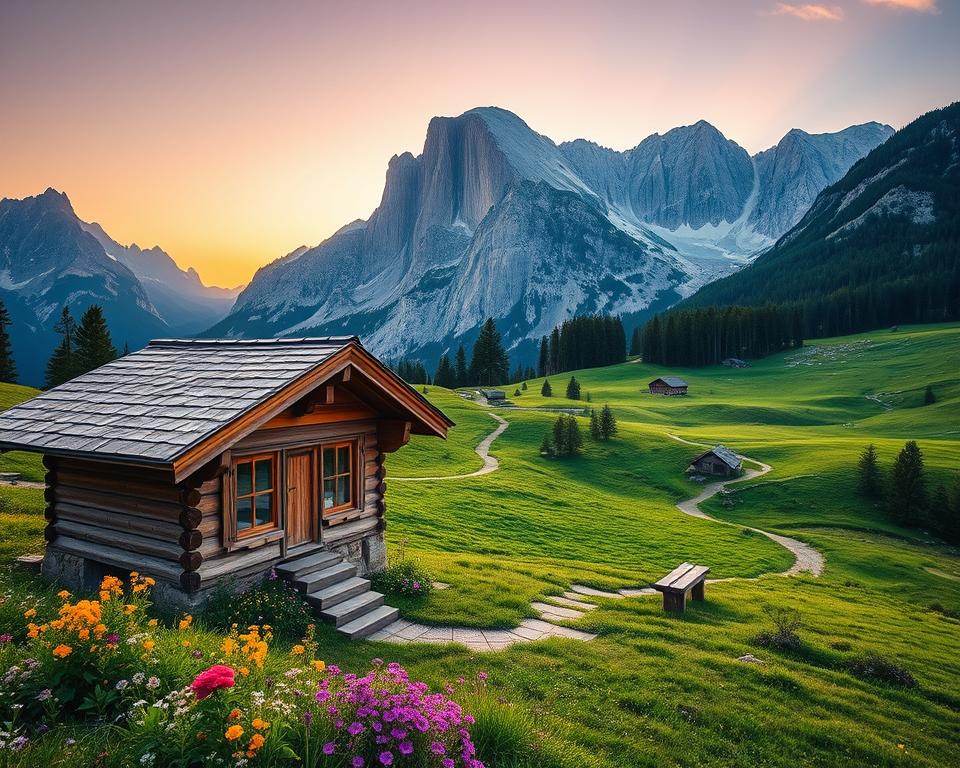 A picturesque view of "Einkehr Benediktenwand," nestled among the stunning mountain landscape of the Bavarian Alps. In the foreground, a charming wooden hut with a rustic design, inviting travelers to pause and relax, surrounded by vibrant wildflowers. The middle ground features lush green meadows and winding paths that lead towards the impressive Benediktenwand rock face, showcasing its rugged texture and natural beauty. In the background, the majestic Alps rise, illuminated by warm, golden sunlight during early evening. The sky is a gradient of soft oranges and purples as the sun sets, creating a tranquil and inviting atmosphere. Capture a wide-angle view to encompass the beauty of nature and the cozy ambiance of the hut, emphasizing a serene and welcoming mood.