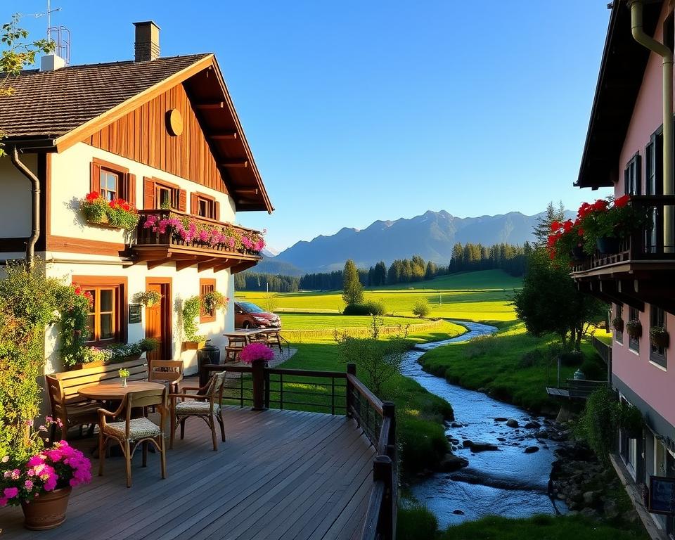 A picturesque view of "Einkehr Farchant," nestled in the lush landscape of Bavaria. In the foreground, a quaint wooden terrace adorned with vibrant flowers invites visitors to relax. On one side, a charming traditional Bavarian building with a sloped roof and balconies overflowing with geraniums creates a welcoming atmosphere. In the middle, green meadows stretch towards the backdrop, where the majestic Alps rise under a clear blue sky. A gentle stream meanders through the scene, reflecting the sunlight. The warm, golden hour lighting adds a serene and inviting glow, enhancing the natural beauty. Capture this tranquil moment from a slightly elevated angle, emphasizing the harmonious blend of architecture and nature, with no people present.