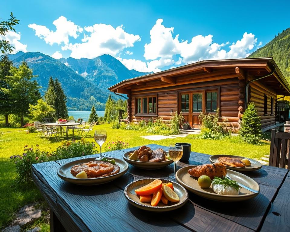 A picturesque view of Einkehr Thierseetal, nestled in a serene alpine setting. In the foreground, a rustic wooden table adorned with charming plates of regional cuisine, featuring hearty dishes crafted from local ingredients. The middle ground showcases the inviting wooden hut, complete with a sloping roof, surrounded by vibrant wildflowers and lush green grass. In the background, majestic mountains rise under a bright blue sky dotted with fluffy white clouds, with sunlight filtering softly through the trees, casting gentle shadows. The scene exudes a warm and welcoming atmosphere, perfect for a leisurely day in nature. The angle captures the essence of a peaceful outdoor dining experience, highlighting the beauty of the landscape while inviting the viewer to immerse themselves in the tranquility of the Thierseetal region.