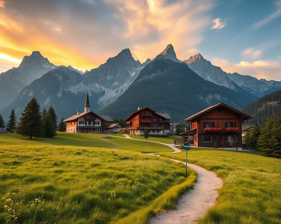 A picturesque view of Garmisch-Partenkirchen, showcasing the charming Bavarian village nestled among the towering Alps. In the foreground, a well-marked hiking trail winds through lush green meadows dotted with colorful wildflowers, leading the eye towards the village. The middle ground features traditional wooden chalets with flower boxes, set against a backdrop of stunning mountain peaks, including the majestic Zugspitze. The sky above is painted in warm hues of gold and orange, suggesting either early morning or late afternoon light, casting soft shadows and creating a peaceful ambiance. Capture this landscape with a wide-angle lens perspective to emphasize the majesty of the mountains and the inviting nature of the village, instilling a sense of adventure and tranquility for hikers setting out to explore. A picturesque view of Garmisch-Partenkirchen, showcasing the charming Bavarian village nestled among the towering Alps. In the foreground, a well-marked hiking trail winds through lush green meadows dotted with colorful wildflowers, leading the eye towards the village. The middle ground features traditional wooden chalets with flower boxes, set against a backdrop of stunning mountain peaks, including the majestic Zugspitze. The sky above is painted in warm hues of gold and orange, suggesting either early morning or late afternoon light, casting soft shadows and creating a peaceful ambiance. Capture this landscape with a wide-angle lens perspective to emphasize the majesty of the mountains and the inviting nature of the village, instilling a sense of adventure and tranquility for hikers setting out to explore.