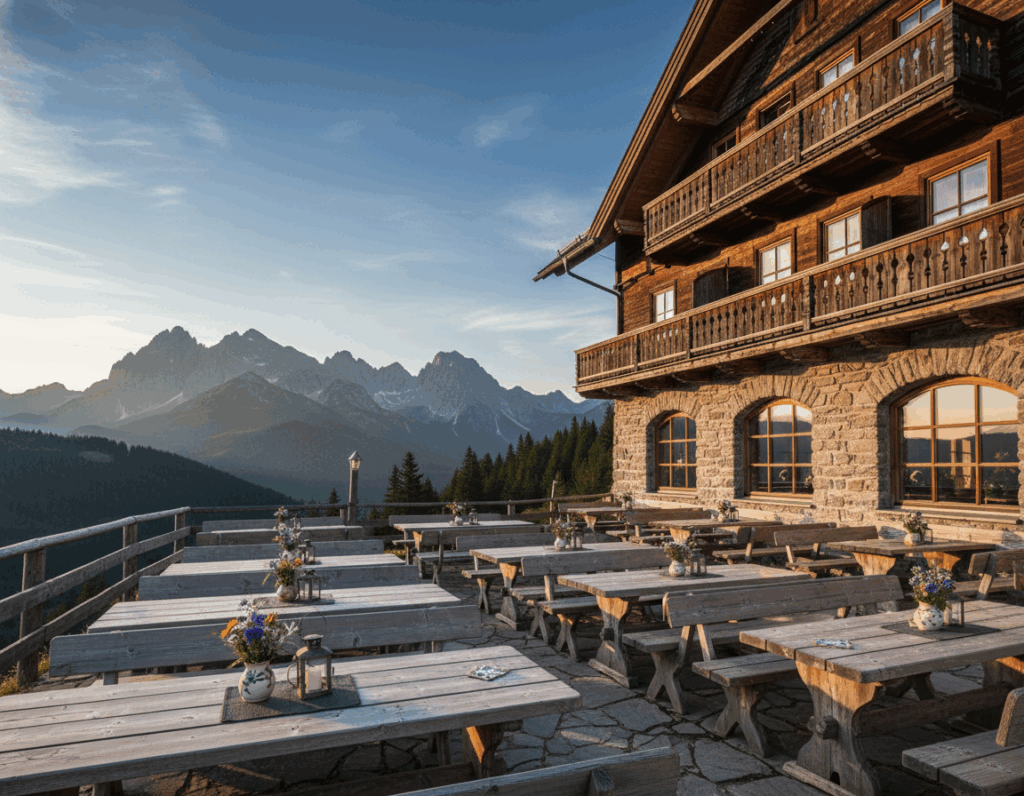 A picturesque view of Tutzinger Hütte nestled in the Bavarian Alps, showcasing its cozy overnight accommodations. In the foreground, rustic wooden tables and benches invite hikers, adorned with fresh flowers and traditional mountain decor. The middle ground features the charming stone and wood structure of the hut, with large balconies offering breathtaking views of the surrounding peaks. In the background, towering mountains rise against a clear blue sky, with patches of green forest. Soft, warm sunlight bathes the scene, creating a welcoming and serene atmosphere, perfect for weary travelers. Capture the essence of a comfortable retreat in nature, with no people present to maintain focus on the facilities. Emphasize warmth and tranquility in the overall composition.