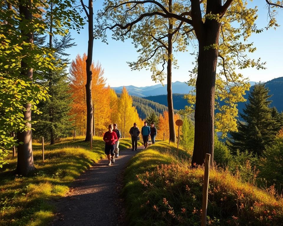 A picturesque view of a short hiking trail in the Harz mountains, showcasing lush greenery and vibrant autumn colors. In the foreground, a winding path meanders through tall trees, dappled sunlight filtering through the leaves, creating a warm and inviting atmosphere. In the middle ground, a group of diverse hikers, dressed in modest casual clothing, enjoys their half-day excursion, exploring the rich natural beauty around them. The background features majestic mountains and a clear blue sky, hinting at the grandeur of the Harz region. Capture the essence of discovery and adventure, with a focus on serene nature and the joy of exploring simple trails. Use soft, golden hour lighting for a tranquil mood, and an elevated angle to provide depth and perspective.