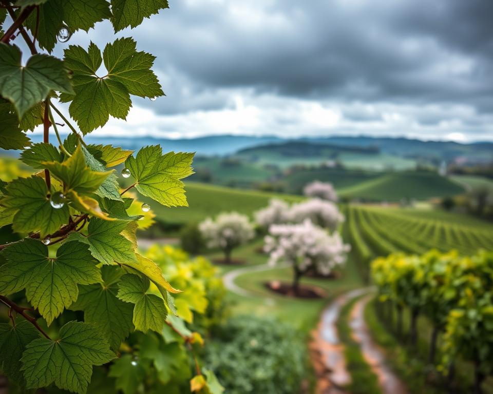 A picturesque view of the Pfalz region on a rainy day, showcasing the lush, rolling vineyards stretching into the distance. In the foreground, raindrops cling to vibrant green grape leaves, glistening in the soft, gray light. The middle ground features winding paths leading through the vineyards, with clusters of blooming almond trees adding delicate pops of pale pink amidst the green. The background reveals dramatic, moody skies filled with dark clouds, hinting at a gentle rain beyond. Captured from a low angle, the image conveys a sense of intimacy with the landscape, while atmospheric lighting enhances the tranquil yet vibrant mood, emphasizing the beauty and allure of the Pfalz region even in inclement weather. A picturesque view of the Pfalz region on a rainy day, showcasing the lush, rolling vineyards stretching into the distance. In the foreground, raindrops cling to vibrant green grape leaves, glistening in the soft, gray light. The middle ground features winding paths leading through the vineyards, with clusters of blooming almond trees adding delicate pops of pale pink amidst the green. The background reveals dramatic, moody skies filled with dark clouds, hinting at a gentle rain beyond. Captured from a low angle, the image conveys a sense of intimacy with the landscape, while atmospheric lighting enhances the tranquil yet vibrant mood, emphasizing the beauty and allure of the Pfalz region even in inclement weather.