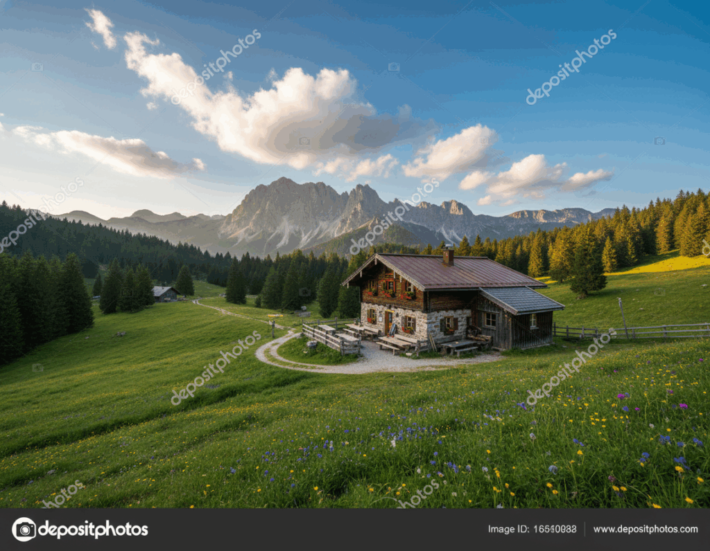 A picturesque view of the Tutzinger Hütte nestled in the Bavarian Pre-Alps. In the foreground, lush green meadows dotted with wildflowers, leading to the rustic wooden chalet of Tutzinger Hütte, featuring a stone foundation, traditional Alpine architecture, and inviting outdoor seating. In the middle ground, the charming building contrasts beautifully with the surrounding rocky slopes and dense evergreen forests. The background reveals the majestic Herzogstand mountain towering against a clear blue sky, with soft white clouds casting gentle shadows. The scene is bathed in warm, golden sunlight, evoking a serene and inviting atmosphere. Capture the image with a wide-angle lens to encompass the beauty of nature surrounding the hut, showcasing its allure as a hidden gem in the Bavarian Alps.