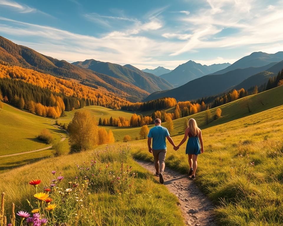 A picturesque view of the "Wanderwege Thierseetal," showcasing a serene trail winding through lush green landscapes. In the foreground, vibrant wildflowers bloom along the path, and a couple in modest casual clothing walks hand in hand, embodying the joy of nature. The middle ground features gently rolling hills dotted with dense, colorful trees, leading up to majestic mountains in the background, bathed in soft golden sunlight. The sky above is a clear blue with wispy clouds, creating a peaceful and inviting atmosphere. Use a wide-angle lens for depth and a warm, natural lighting to enhance the tranquility of this idyllic hiking scene, perfect for illustrating both leisurely and challenging nature experiences.