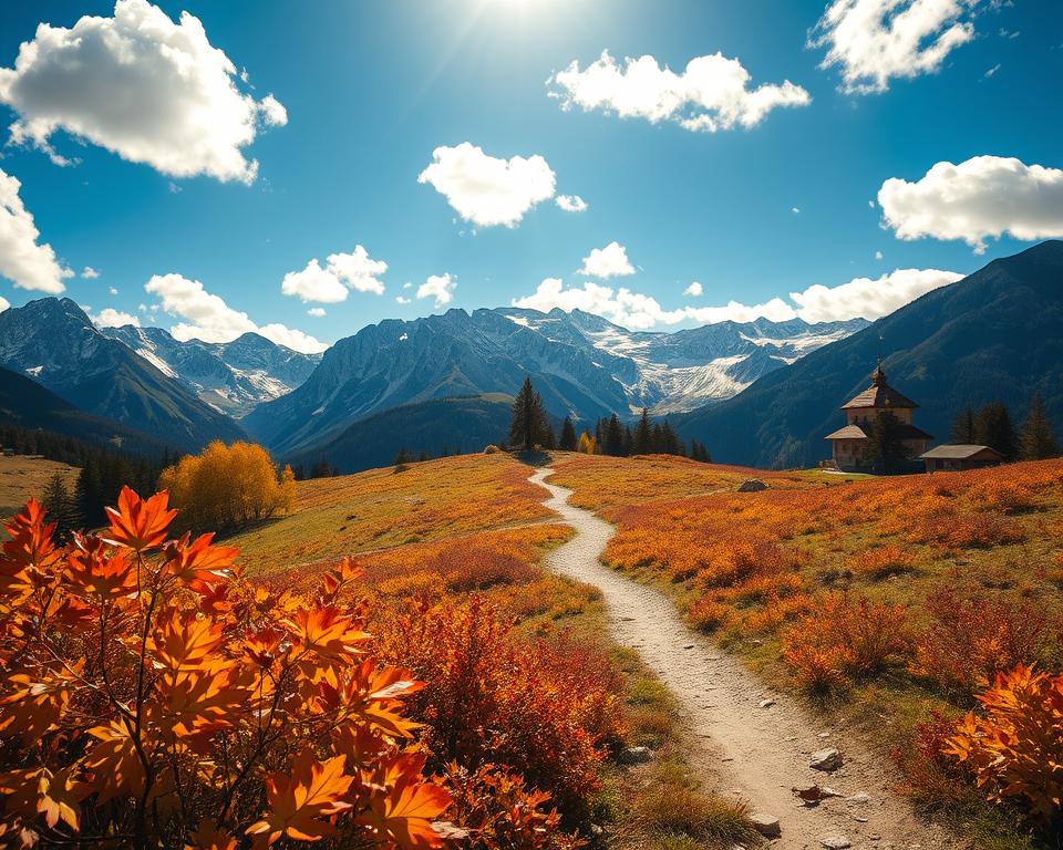 A picturesque view of the Wetter Zillertal during a sunny day in early autumn, showcasing vibrant fall foliage with shades of orange, yellow, and red in the foreground. In the middle ground, a well-marked hiking trail winds through the landscape, leading towards the majestic Olpererhütte, a charming alpine hut nestled against the backdrop of towering snow-capped mountains. The background features scattered fluffy white clouds and a brilliant blue sky, highlighting the tranquil yet invigorating atmosphere of the Alps. The scene is bathed in warm, golden sunlight, creating a crisp and inviting mood. Capture the image with a slight upward angle to emphasize the grandeur of the mountains and the allure of the hiking path, evoking a sense of adventure and exploration.