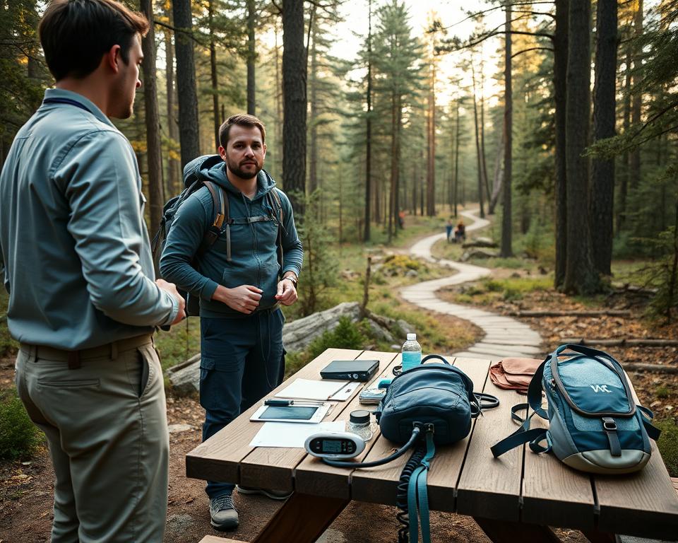 A professional health check scene set in a natural environment before a hike. In the foreground, a doctor in modest casual clothing conducts a health assessment on an adult hiker wearing outdoor gear. The hiker shows a mix of anticipation and readiness. In the middle ground, a detailed picnic table is laid out with health tools like a blood pressure monitor, heart rate monitor, and hydration packs. The background features a lush forest with tall trees and a winding hiking trail. Soft, natural lighting filters through the leaves, creating a warm, inviting atmosphere. The angle is slightly elevated to capture both the health assessment and the scenic backdrop, emphasizing the importance of safety before an adventure.