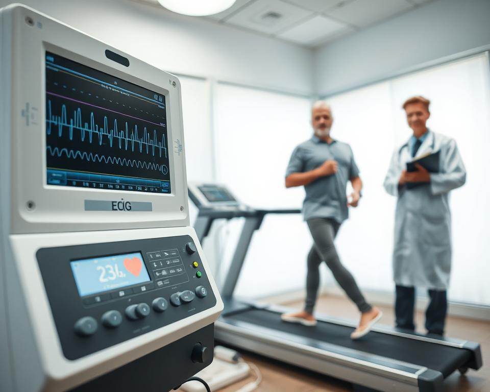 A professional medical setting featuring a stress test EKG machine with a patient undergoing a Belastungs-EKG. In the foreground, display the EKG machine with clear, detailed monitoring screens showing heart rate and rhythm. In the middle ground, a middle-aged person, dressed in modest athletic wear, is gently exercising on a treadmill, connected to electrodes that track their heart activity. In the background, a healthcare professional in a lab coat observes the testing process, taking notes on a clipboard. The lighting is bright, mimicking a clinical atmosphere, with a focus on the patient, creating a serious yet reassuring mood that highlights heart health screenings. Capture the scene from a slightly elevated angle to showcase the entire setup.