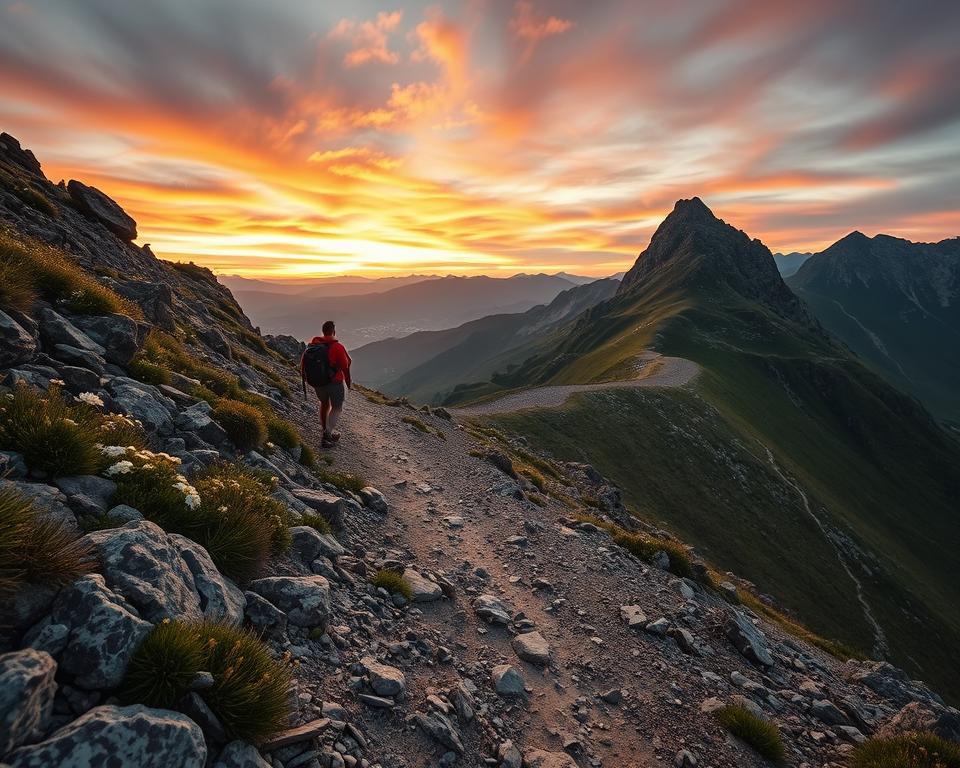 A rugged trail winding through the scenic Harz Mountains, showcasing a challenging hiking path ideal for experienced trekkers. In the foreground, detailed textures of rocky terrain and scattered wildflowers add depth. The middle ground reveals a steep incline, where a solitary hiker in modest activewear navigates the trail, exuding determination and focus. The background features dramatic peaks silhouetted against a dynamic sky, with hints of vibrant orange and purple as the sun sets, creating a captivating atmosphere. Soft, diffused lighting enhances the landscape’s natural beauty, while a wide-angle view captures the expansive surroundings, inviting adventurous spirits to experience the thrill of the wilderness. The overall mood is one of exhilaration and exploration, perfect for illustrating a challenging hiking experience.