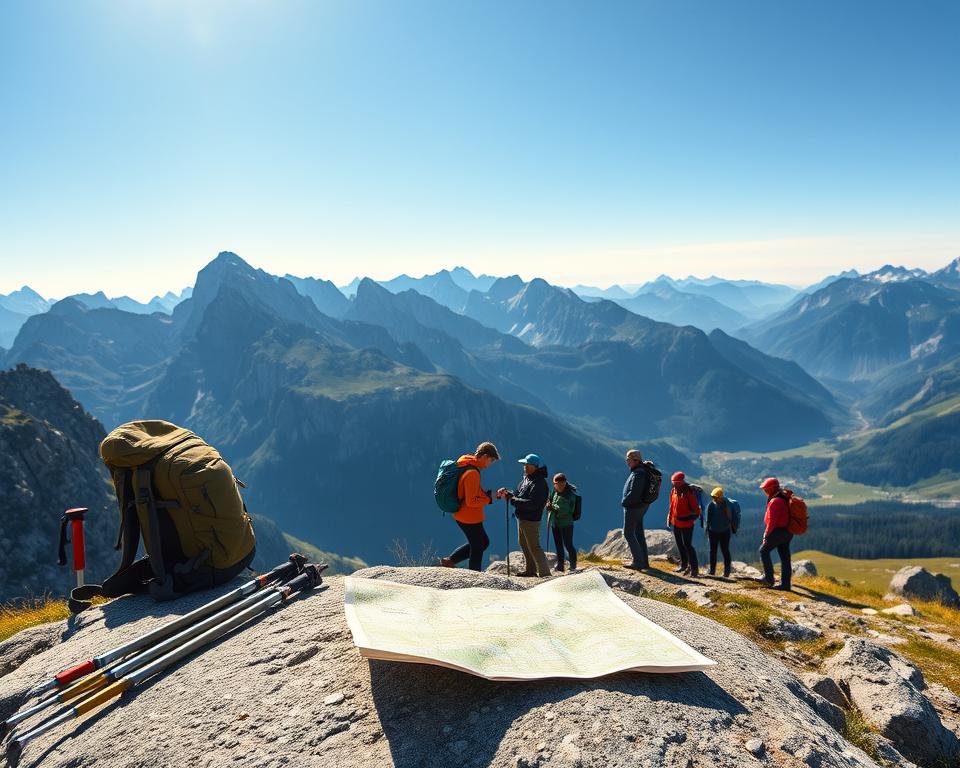 A scenic alpine landscape featuring rugged, majestic mountains under a clear blue sky, embodying the spirit of safety and preparedness for hiking. In the foreground, show essential hiking gear such as a sturdy backpack, trekking poles, and a weathered map laid on a flat rock. Midground displays a group of hiker figures dressed in professional outdoor clothing, checking their equipment and discussing weather conditions, embodying camaraderie and caution. The background showcases sweeping views of the Stubaier Höhenweg, with lush valleys and trails winding through the breathtaking alpine scenery. Soft, natural sunlight illuminates the scene, casting gentle shadows, enhancing the mood of adventure and respect for nature. Capture this in a wide-angle perspective to offer depth and immersion.