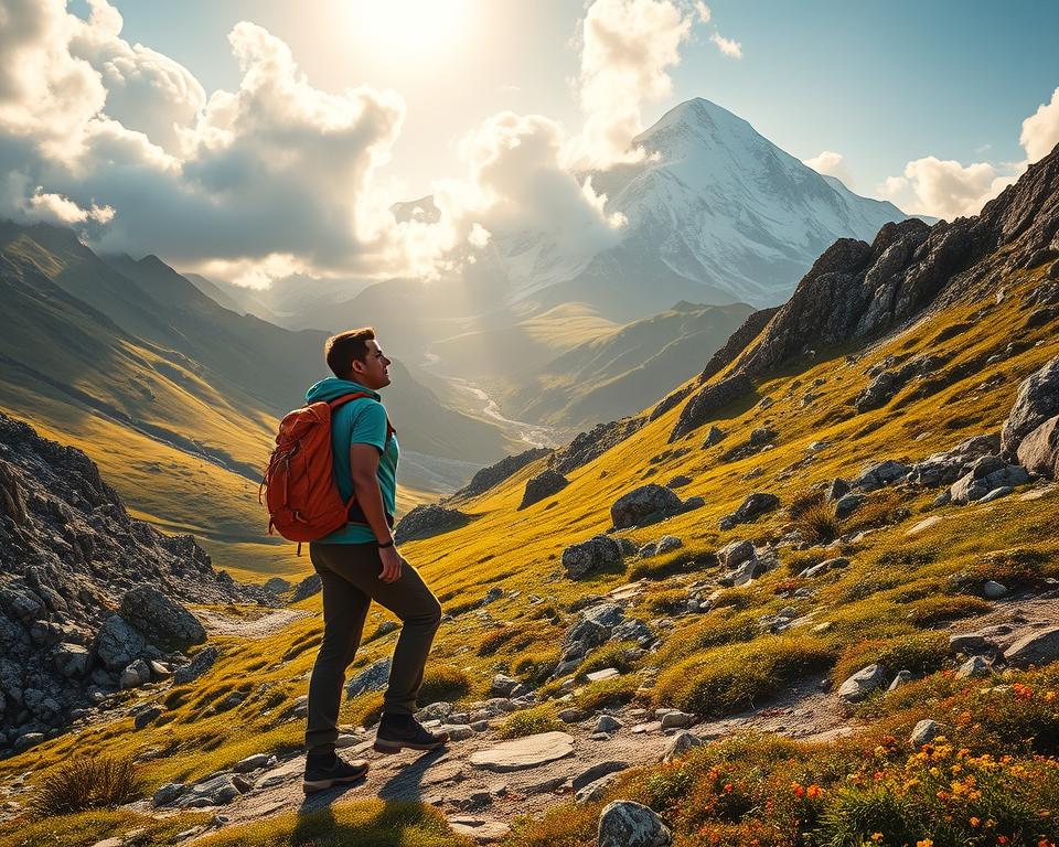 A scenic alpine landscape illustrating preparation for climbing Zugspitze, featuring a fit adventurer in comfortable hiking attire, standing at the foreground with a trekking backpack. The middle ground includes rugged, rocky trails leading towards the majestic Zugspitze peak, bathed in warm, golden sunlight indicating early morning. Lush green valleys and scattered wildflowers enrich the surroundings, while dramatic cloud formations loom above, hinting at the adventure ahead. In the background, the imposing snow-capped summit of Zugspitze rises majestically, evoking a sense of both challenge and beauty. The overall atmosphere is one of motivation, anticipation, and readiness for an outdoor adventure, captured with a wide-angle lens to emphasize the grandeur of the landscape. A scenic alpine landscape illustrating preparation for climbing Zugspitze, featuring a fit adventurer in comfortable hiking attire, standing at the foreground with a trekking backpack. The middle ground includes rugged, rocky trails leading towards the majestic Zugspitze peak, bathed in warm, golden sunlight indicating early morning. Lush green valleys and scattered wildflowers enrich the surroundings, while dramatic cloud formations loom above, hinting at the adventure ahead. In the background, the imposing snow-capped summit of Zugspitze rises majestically, evoking a sense of both challenge and beauty. The overall atmosphere is one of motivation, anticipation, and readiness for an outdoor adventure, captured with a wide-angle lens to emphasize the grandeur of the landscape.
