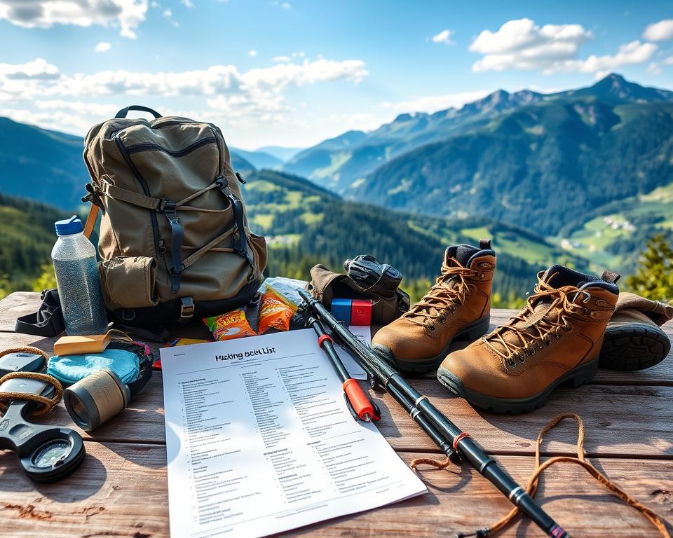 A scenic hiking checklist laid out on a rustic wooden surface, featuring essential outdoor gear including a sturdy backpack, hiking boots, a water bottle, navigation tools like a compass and map, snacks, and layered clothing items. In the foreground, a close-up of a detailed, labeled packing list can be seen alongside a pair of trekking poles. The middle ground showcases a picturesque view of the Thierseetal valley, with lush green mountains and crystal-clear skies, creating a vibrant and inviting atmosphere. In the background, gentle slopes covered in trees transition to peaks capped with snow, embodying the serene beauty of the Tyrolean wilderness. Soft natural lighting enhances the scene, highlighting the textures of the gear and the landscape. The overall mood is adventurous and inspiring, encouraging a love for nature and exploration.