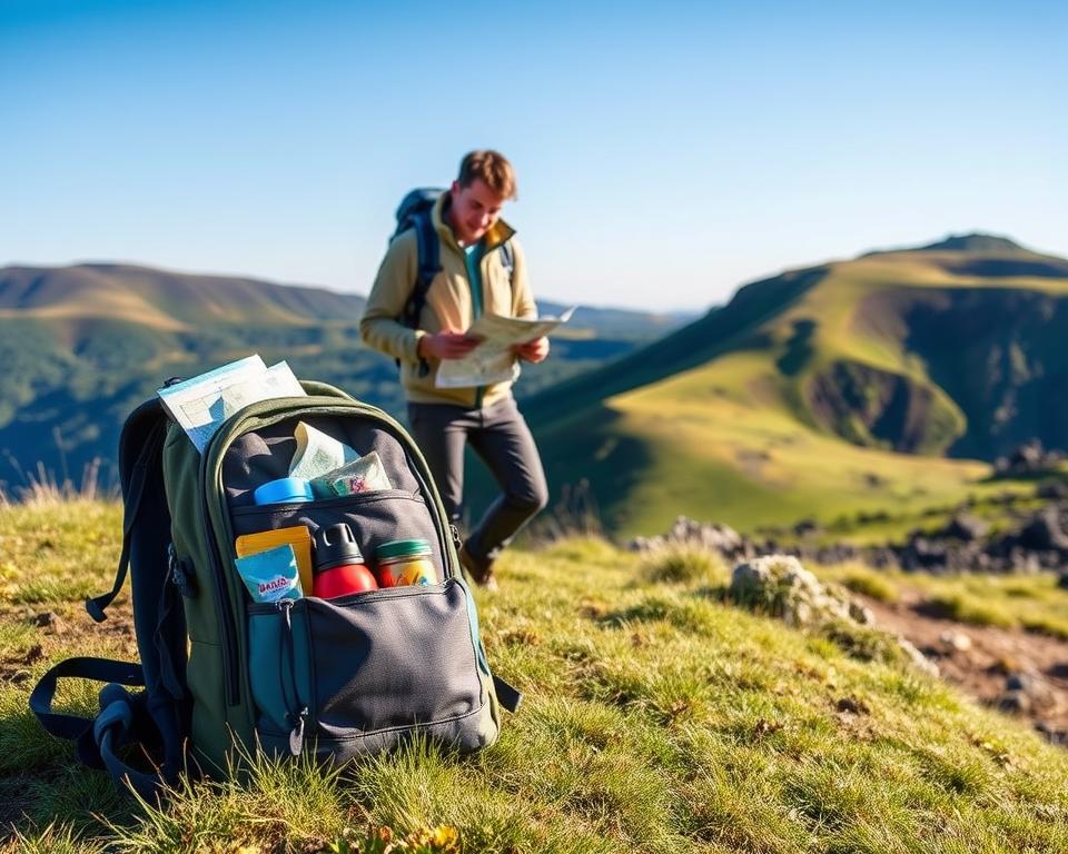 A scenic hiking scene in Vulkaneifel showcasing essential hiking gear, mid-afternoon lighting casting soft shadows. In the foreground, a well-organized backpack filled with outdoor essentials like a map, water bottle, and snacks, resting on a grassy patch. In the middle ground, a person dressed in professional yet casual hiking attire, equipped with sturdy boots and a breathable jacket, examining the map with a focused expression. The background features lush green hills and volcanic rock formations under a clear blue sky, evoking a sense of adventure and tranquility. The atmosphere conveys a peaceful connection to nature, inviting viewers to explore the trails. The image should be vibrant and engaging, without any text or signatures.