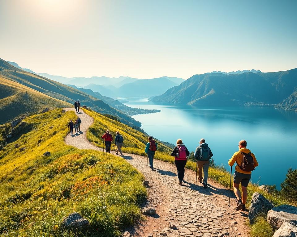 A scenic hiking trail around Lake Como, featuring lush green hills and serene waters under soft golden sunlight. In the foreground, a winding path leads into the distance, flanked by vibrant wildflowers and rocky outcrops. The middle ground showcases groups of diverse hikers dressed in comfortable outdoor clothing, happily exploring the route, with trekking poles in hand. In the background, majestic mountains rise against a clear blue sky, with reflections shimmering on the lake's surface. The atmosphere is inviting and tranquil, capturing the essence of a stress-free hike, bathed in warm afternoon light. The composition is shot from a slightly elevated angle, offering a panoramic view that emphasizes the beauty of nature and the joy of outdoor adventures.