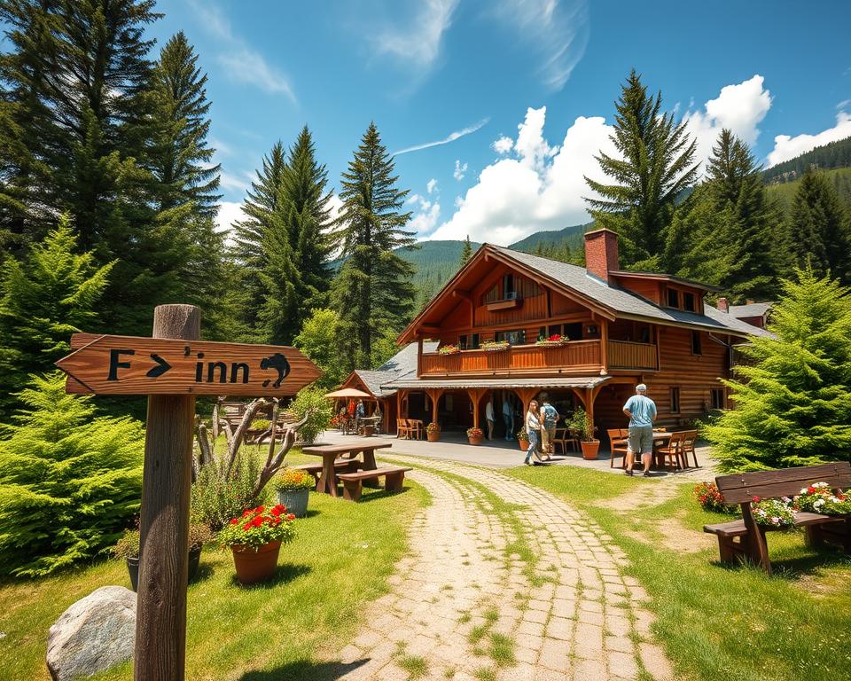 A scenic hiking trail in the Black Forest, featuring a cozy rustic inn surrounded by lush greenery. In the foreground, a wooden sign points toward the inn, adorned with flower pots and benches for resting. The middle ground showcases the warm wooden exterior of the inn, with families enjoying meals on the terrace, clad in casual outdoor clothing. The background is filled with tall pine trees and rolling hills under a bright blue sky, with soft clouds drifting. The sunlight filters through the leaves, creating a warm and inviting atmosphere. Capture this idyllic scene with a wide-angle lens, emphasizing the charm and friendliness of the setting, to evoke a sense of adventure and relaxation in nature.