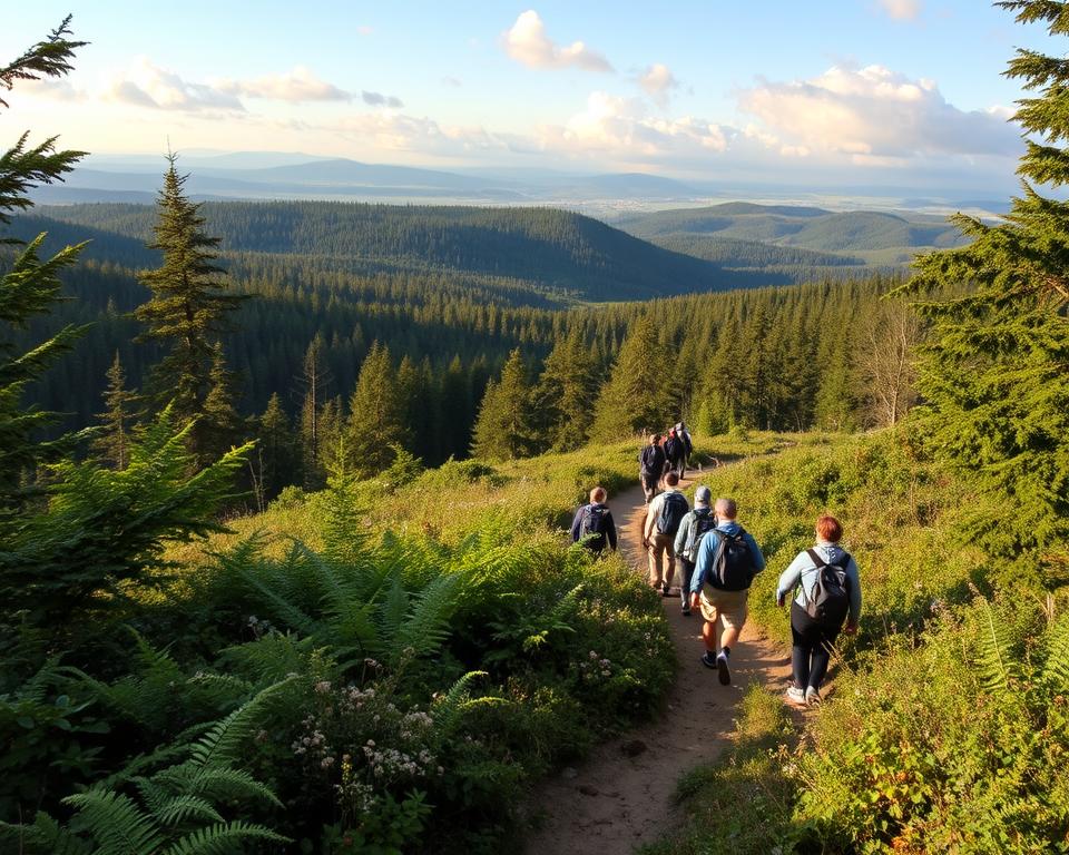 A scenic hiking trail in the Eifel region, showcasing a mid-level day tour. In the foreground, a winding path adorned with lush foliage leads into a dense forest, dotted with ferns and wildflowers. In the middle ground, a group of hikers in modest outdoor clothing navigates the trail, embodying a spirit of adventure and connection to nature. The background features rolling hills and distant ridges framed by a serene sky, with soft clouds illuminated by warm sunlight, casting gentle shadows. The atmosphere is tranquil and invigorating, inviting viewers to immerse themselves in the beauty of the natural landscape. Capture this with a wide-angle lens, emphasizing the expansive views and depth of the environment.