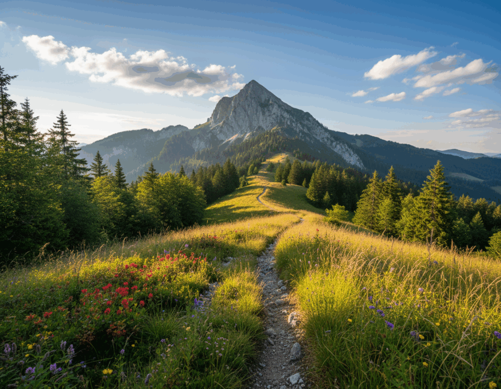 A scenic hiking trail leading up to Herzogstand, framed by lush green forests and vibrant wildflowers in the foreground. In the middle ground, a well-defined path winds its way through tall grass, guiding the viewer's eye toward the majestic mountain in the background. The Herzogstand peak rises dramatically against a clear blue sky, with a few fluffy white clouds scattered throughout. Soft, warm sunlight bathes the scene, creating an inviting atmosphere that evokes a sense of adventure. Capture this moment from a slightly elevated angle, allowing the path and surrounding nature to draw the viewer in, inspiring a desire to explore this picturesque location.