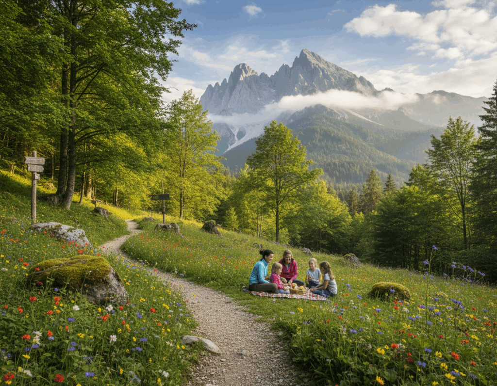 A scenic image showcasing the beautiful attractions near Garmisch-Partenkirchen, highlighting the lush Walderlebnispfad Farchant. In the foreground, a winding nature trail lined with vibrant green trees and wildflowers, inviting exploration. In the middle ground, a family dressed in modest casual clothing enjoys a picnic among the trees, with a backdrop of majestic mountains in the distance, bathed in warm, golden sunlight. The background features the iconic Zugspitze peak, partially shrouded in mist, under a clear blue sky with fluffy white clouds. The overall atmosphere is serene and inviting, evoking a sense of adventure and connection with nature. The lighting is soft yet bright, enhancing the natural beauty of the scene. A scenic image showcasing the beautiful attractions near Garmisch-Partenkirchen, highlighting the lush Walderlebnispfad Farchant. In the foreground, a winding nature trail lined with vibrant green trees and wildflowers, inviting exploration. In the middle ground, a family dressed in modest casual clothing enjoys a picnic among the trees, with a backdrop of majestic mountains in the distance, bathed in warm, golden sunlight. The background features the iconic Zugspitze peak, partially shrouded in mist, under a clear blue sky with fluffy white clouds. The overall atmosphere is serene and inviting, evoking a sense of adventure and connection with nature. The lighting is soft yet bright, enhancing the natural beauty of the scene.