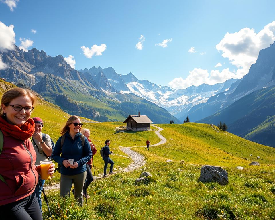 A scenic mountain landscape depicting the Olpererhütte in Tirol during a daylight hike. In the foreground, a group of hikers in modest casual clothing are taking a break, enjoying snacks and drinks, with smiling faces reflecting the joy of outdoor adventure. In the middle ground, a winding trail leads to the charming Olpererhütte, surrounded by lush green meadows dotted with wildflowers and small boulders. The background reveals towering, snow-capped peaks under a bright blue sky with fluffy white clouds, casting soft shadows on the terrain. The lighting is warm and inviting, creating a serene atmosphere, while the angle shows an elevated view of the hikers against the breathtaking landscape, capturing the essence of a well-planned hiking day.
