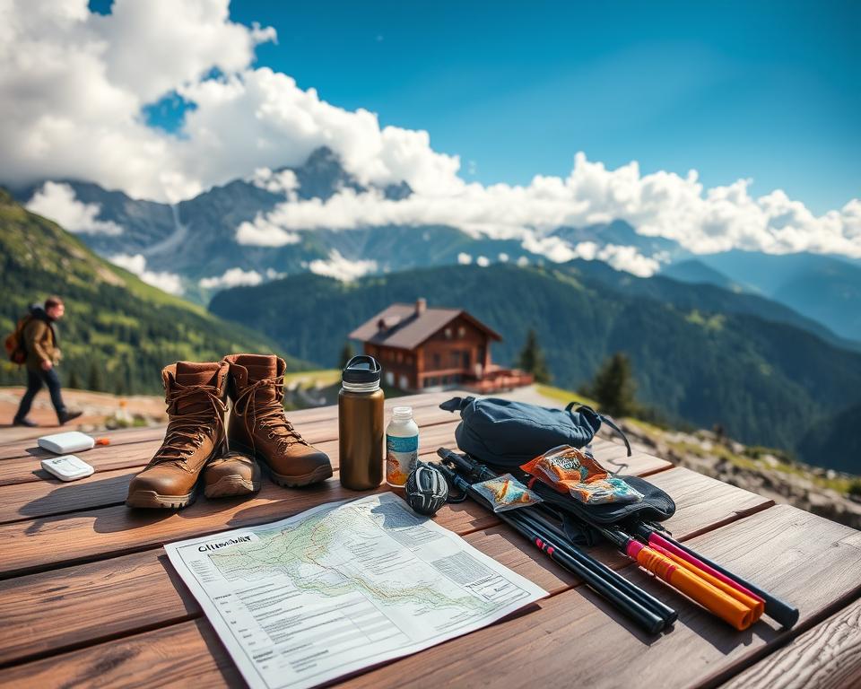 A scenic mountain landscape in the Tyrol region, showcasing a hiker's equipment for a mountain tour. In the foreground, a neatly arranged pack list on a wooden table, including a map, walking boots, trekking poles, a water bottle, snacks, and a warm jacket. In the middle ground, a picturesque view of the majestic Olpererhütte surrounded by towering peaks and lush greenery. The background features dramatic clouds and a bright blue sky, illuminating the scene with soft, natural light. The atmosphere is adventurous and inviting, capturing the essence of mountain exploration. The image is framed from a slightly elevated angle to provide depth, focusing on the pack list while highlighting the beautiful terrain.