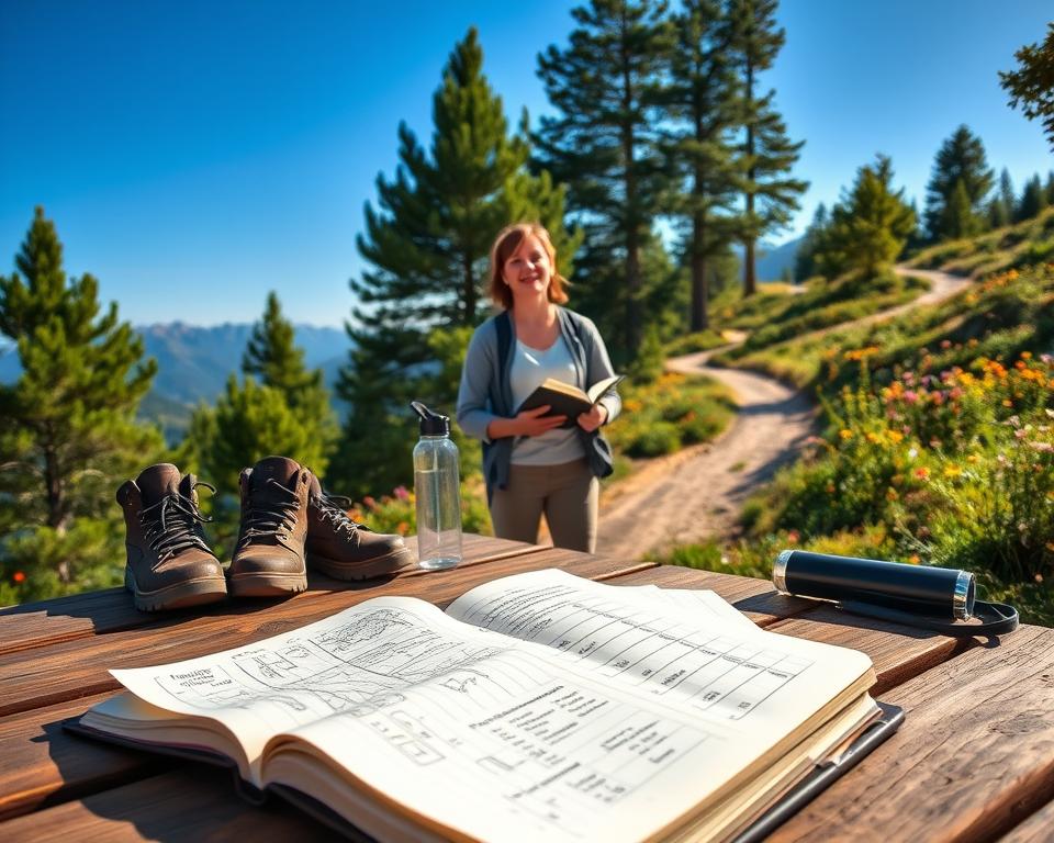 A scenic outdoor setting reflecting a personal hiking and health plan. In the foreground, a detailed, open notebook lies on a wooden picnic table, showing hand-drawn maps and checklists. A pair of hiking boots and a water bottle sit beside it, adding to the outdoor ambiance. In the middle ground, a smiling, casually dressed person with a notebook in hand contemplates the path ahead, surrounded by lush, green trees and vibrant wildflowers. In the background, a winding trail leads to distant mountains under a clear blue sky, evoking a sense of adventure and wellness. Soft natural lighting highlights the scene, creating a warm, inviting atmosphere that encourages exploration and personal growth.